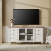WAMPAT Farmhouse LED Light TV Stand for TVs Up to 75 inch,Glass and Wood Universal TV Stand with 4 Openable Storage Doors,White Entertainment Center for 60-75 inch TV Console Table