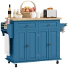 HOMCOM Kitchen Island Cart with Rubber Wood Top, Rolling Kitchen Island Table on Wheels with Drawers, Adjustable Shelves, Spice Rack and Towel Rack for Dining Room, Blue