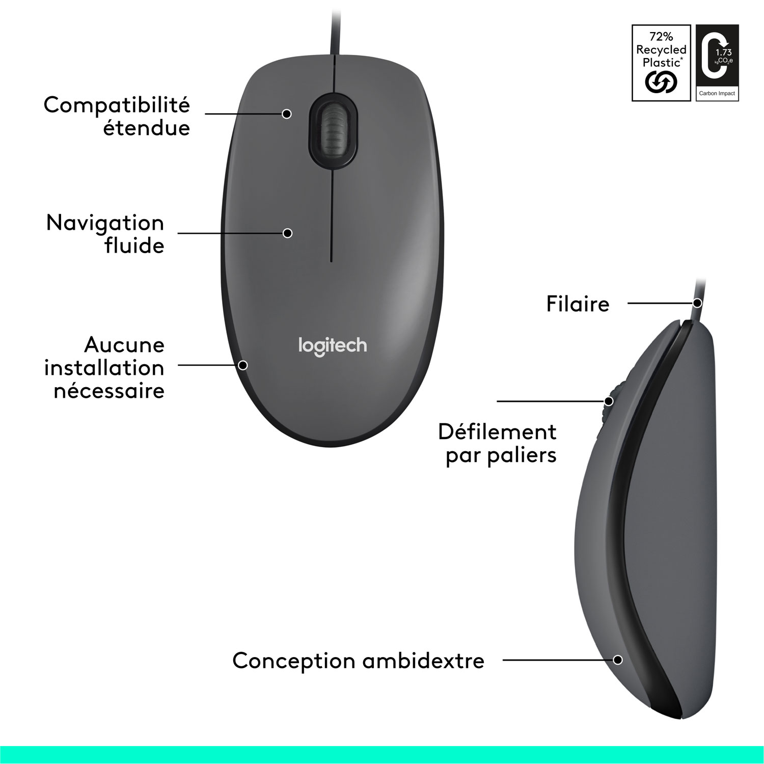 Souris optique ambidextre avec fil M100 de Logitech - Anthracite