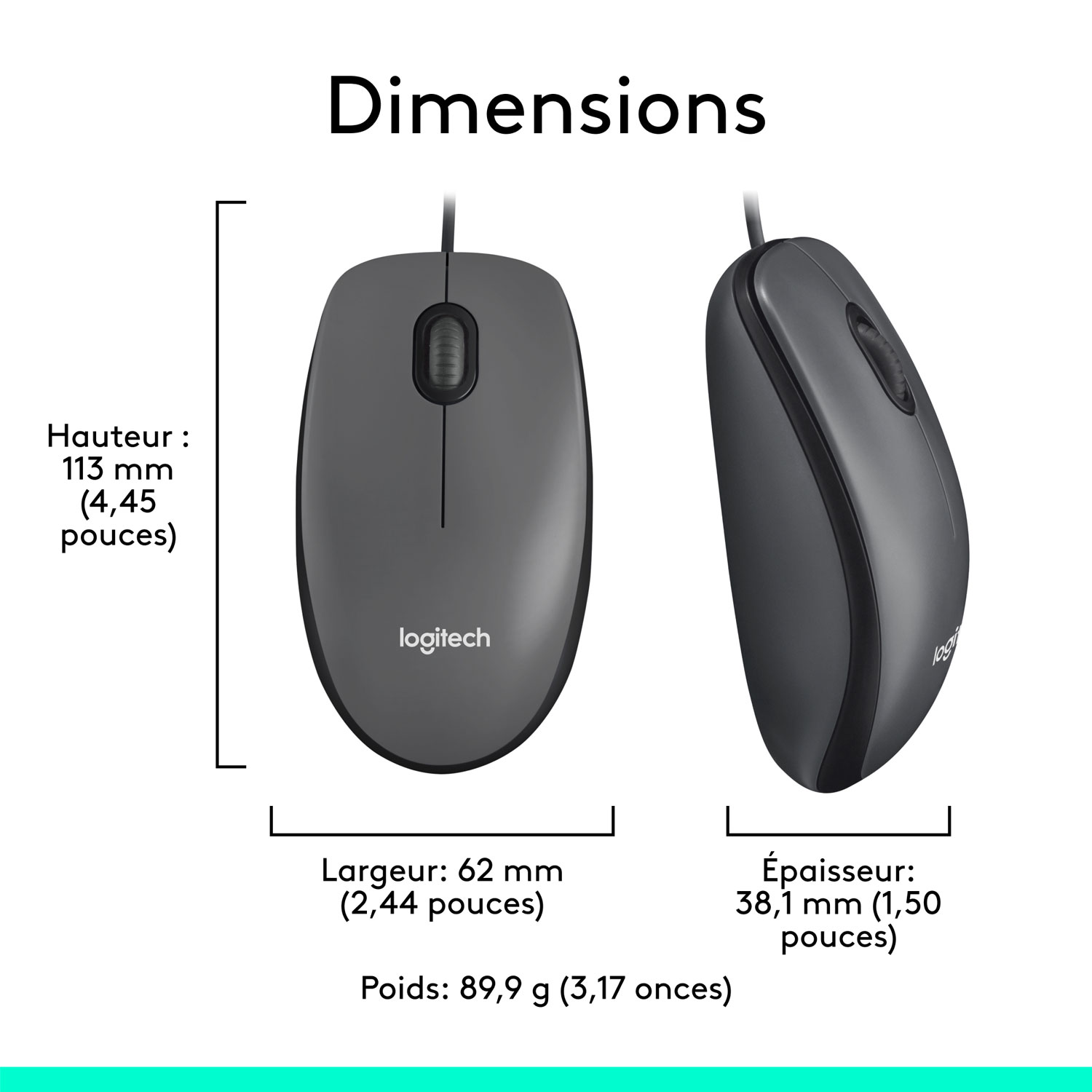 Souris optique ambidextre avec fil M100 de Logitech - Anthracite