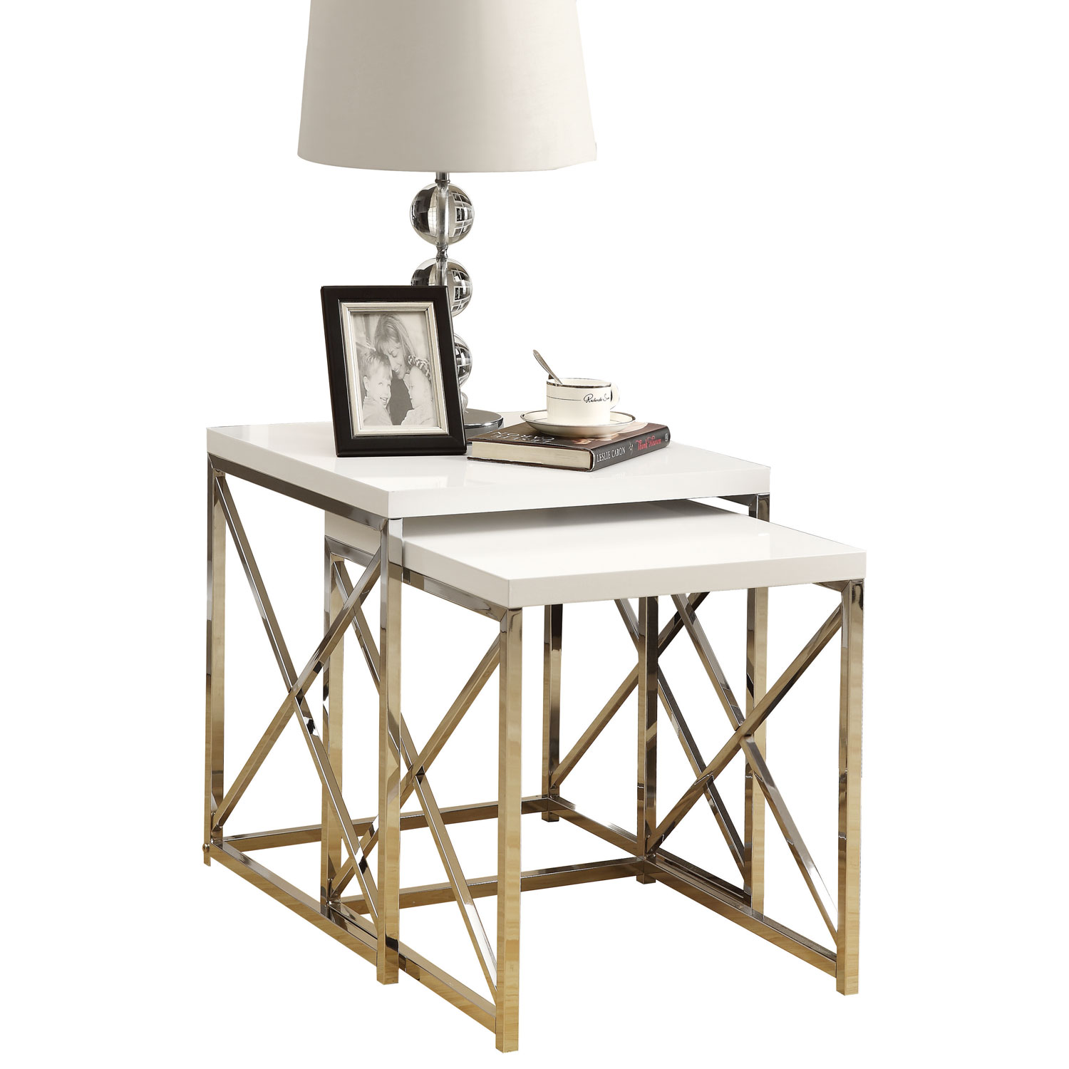 2-Piece Nesting Table Set - White/Chrome