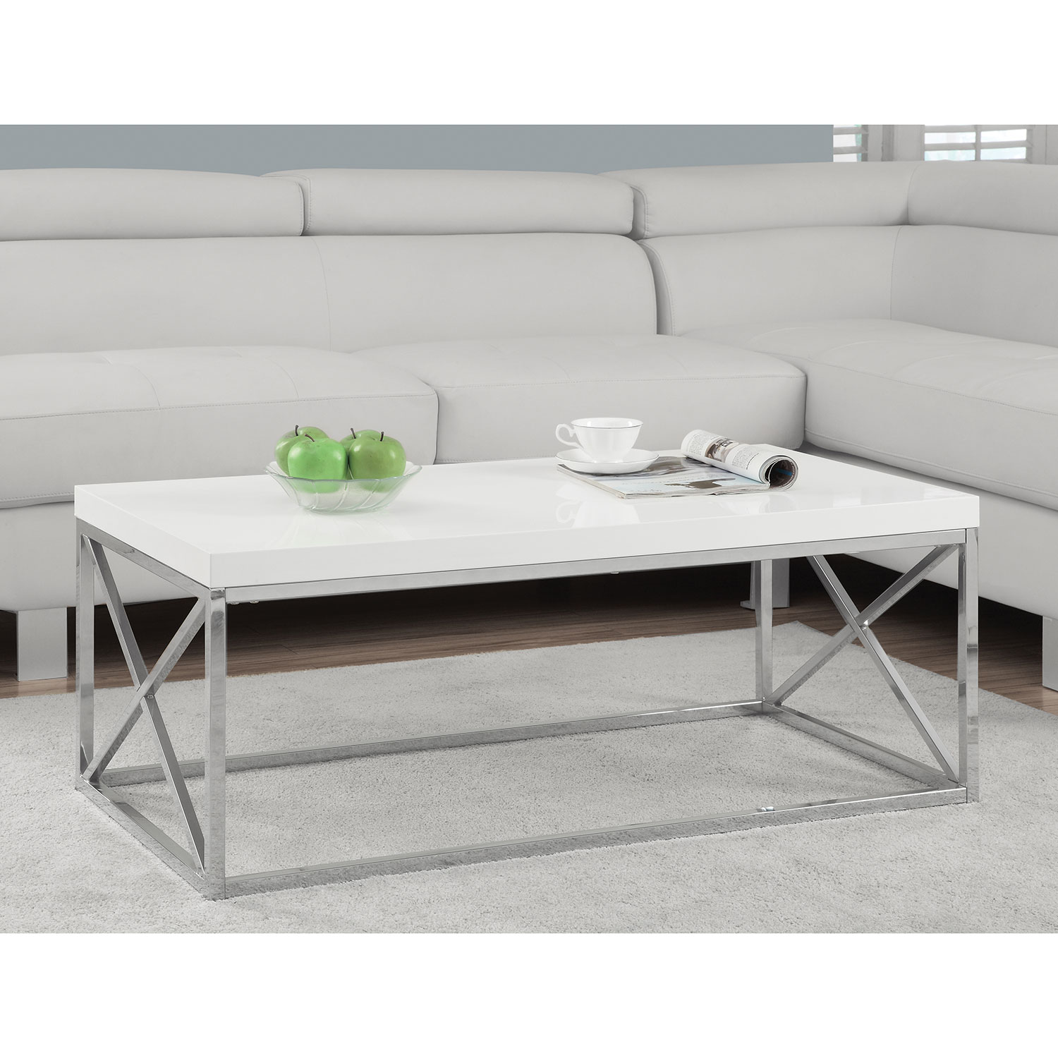 Table basse rectangulaire moderne - Blanc lustré-chromé