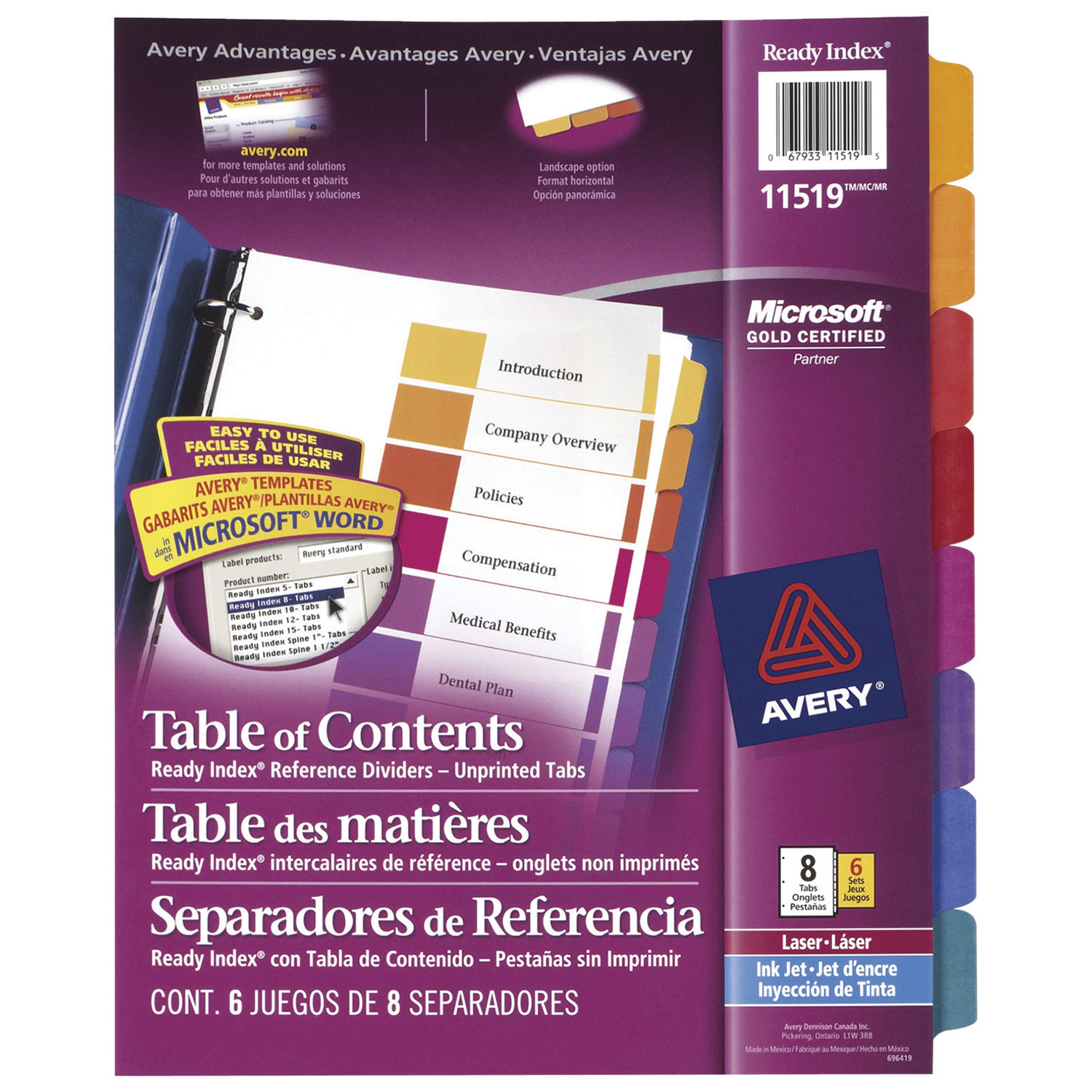 Avery Ready Index Table of Contents Tab Dividers - 8 Tabs - 6 Pack - Assorted Colours