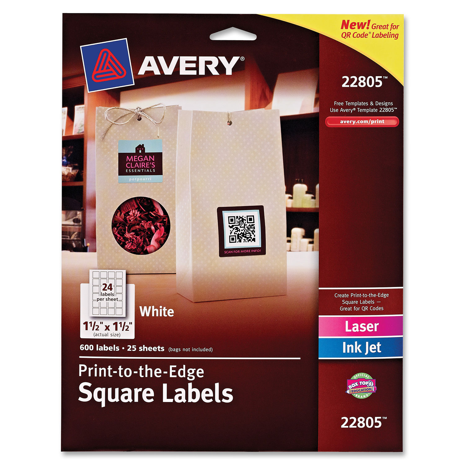 Avery Easy Peel 1-1/2" x 1-1/2" Print-to-the-Edge Square Labels - 600 Pack - White