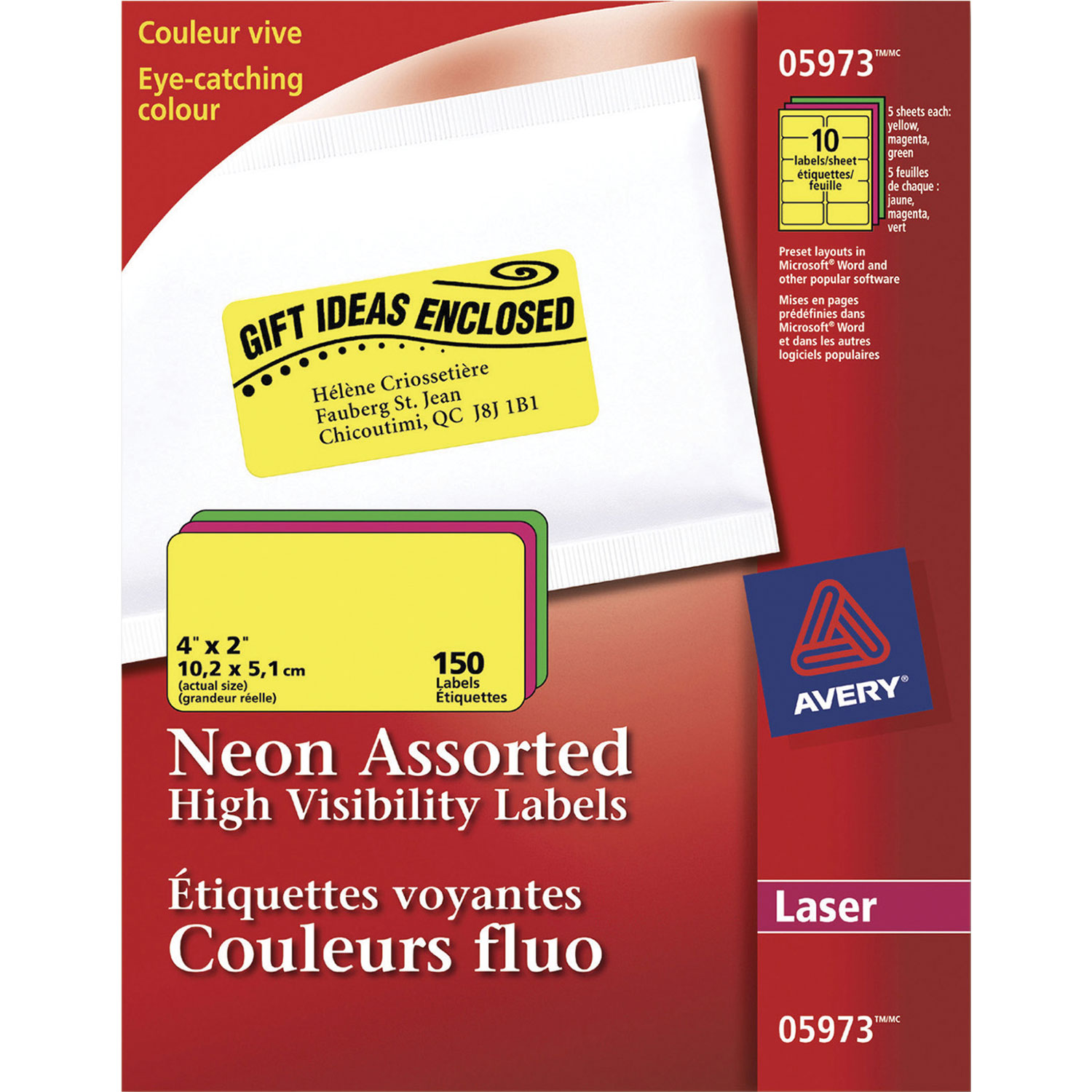 Étiquettes fluo laser de 4 x 2 po d'Avery - Paquet de 150 - Couleurs variées