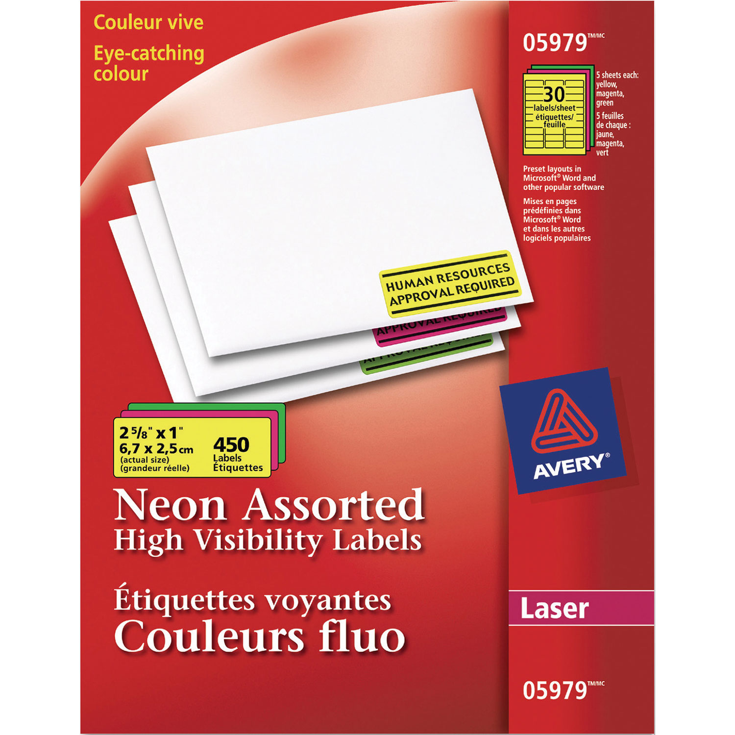 Avery 2 5/8" x 1" Neon Laser Labels (AVE05979) - 450 Pack - Assorted Colors