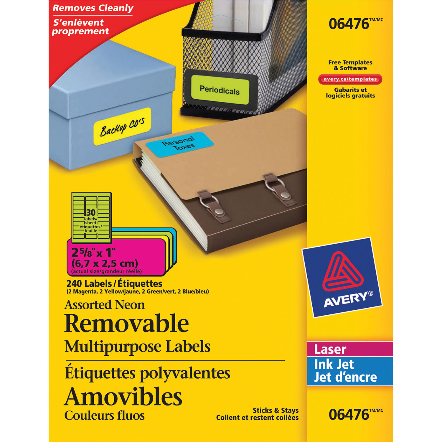 Étiquette polyvalente amovible de 2 5/8 po x 1 po d'Avery - Paquet de 240 - Couleurs fluo
