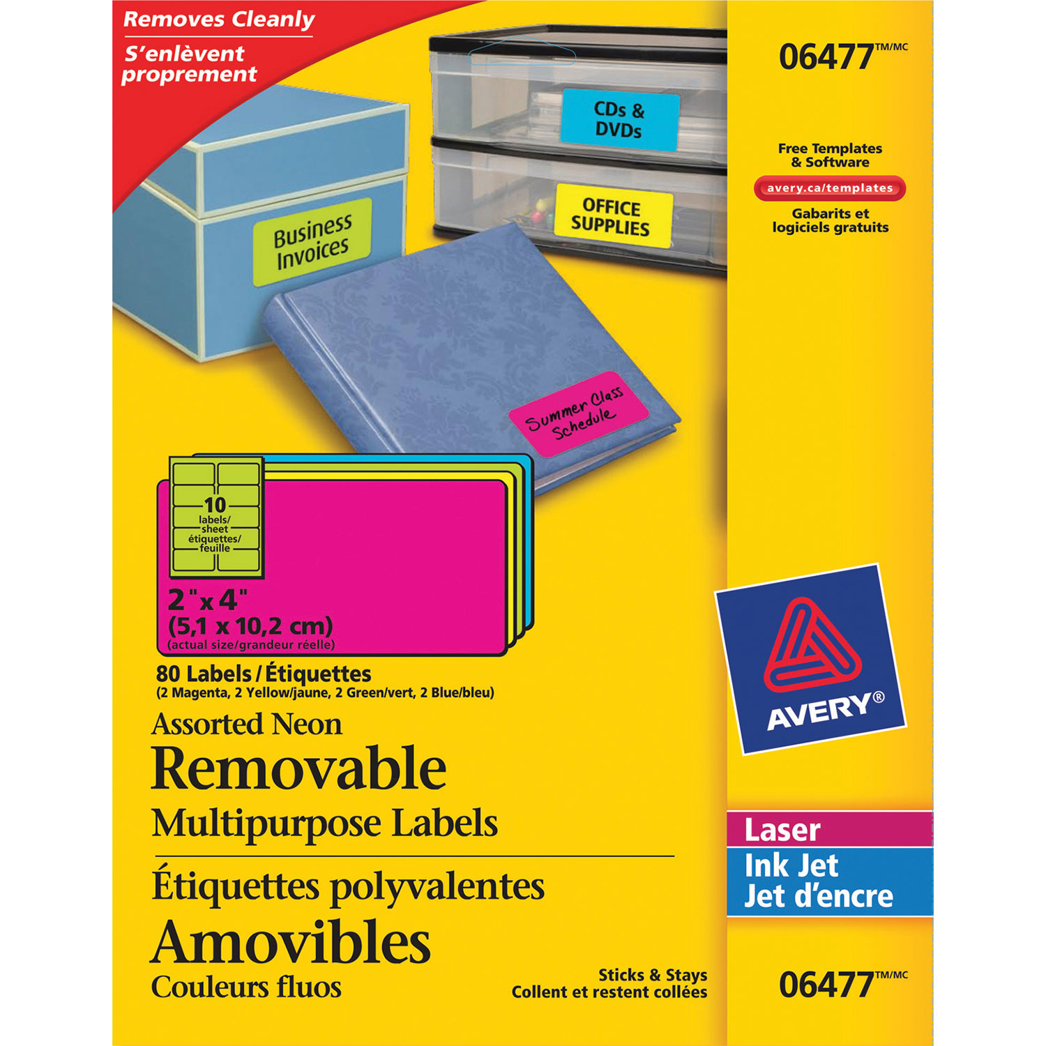 Étiquette polyvalente amovible de 4 po x 2 po d'Avery - Paquet de 80 - Couleurs fluo