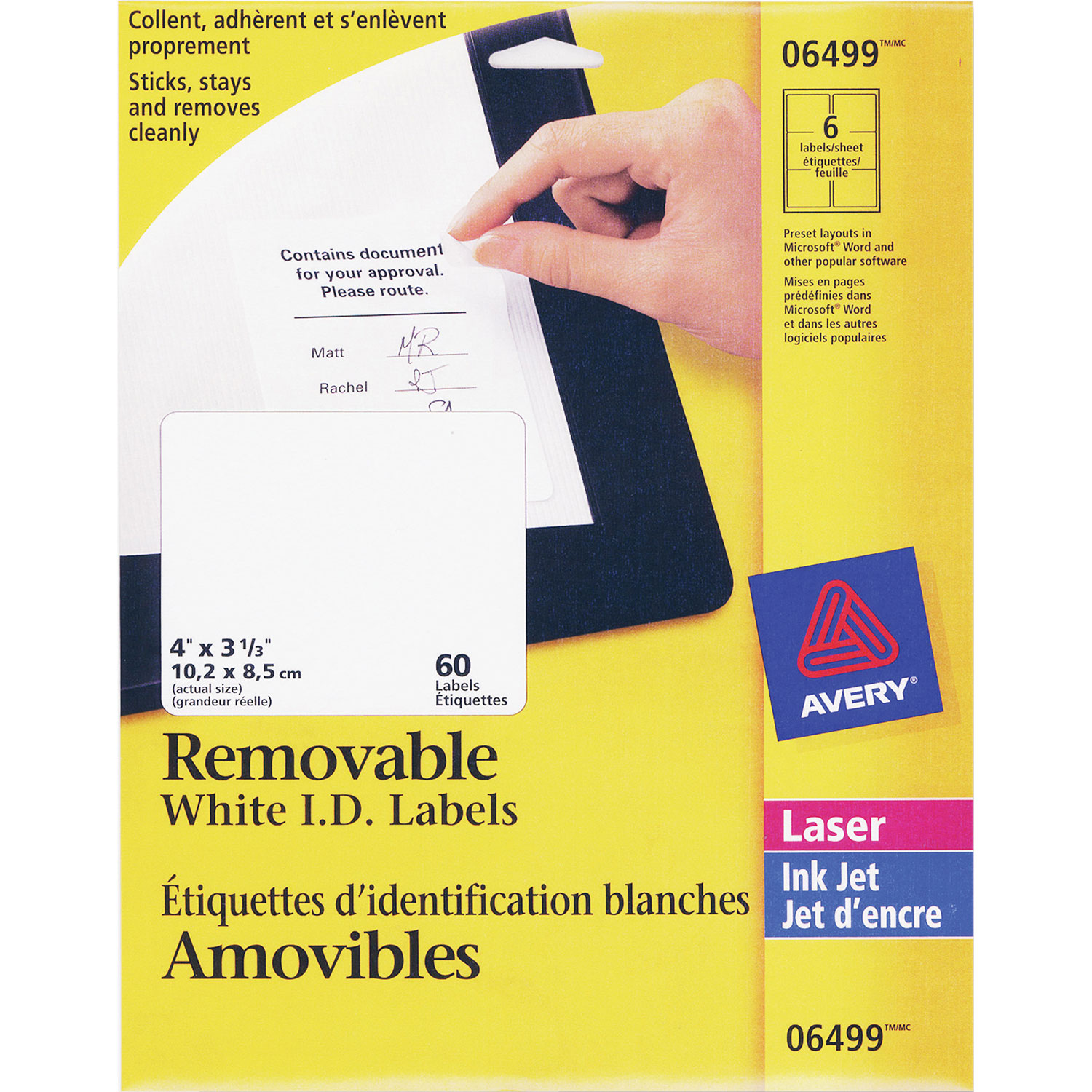 Étiquette d'identification amovible laser de 4 x 3 1/3 po d'Avery - Paquet de 60 - Blanc