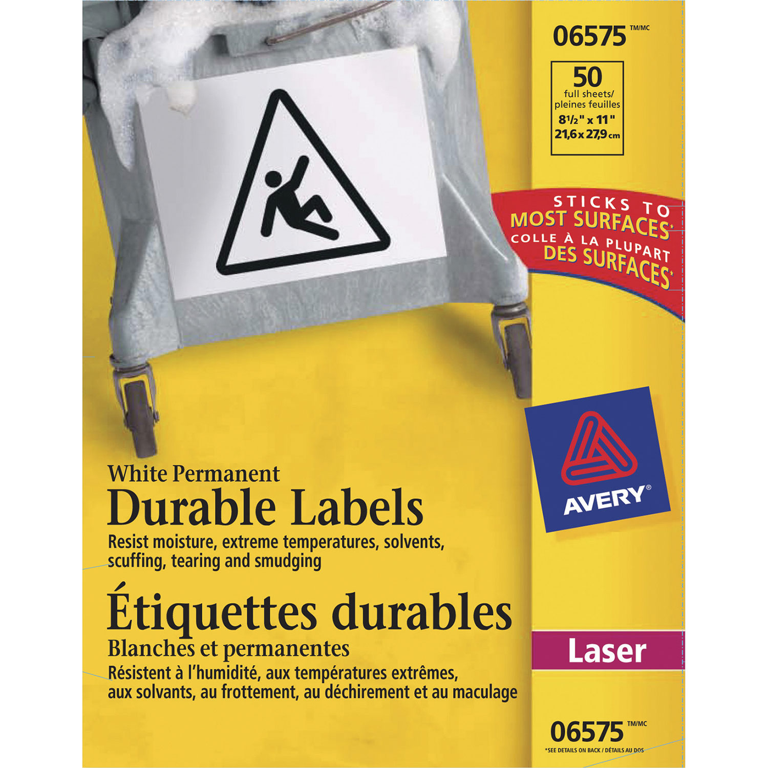 Étiquettes permanentes et durables de 8 1/2 x 11 po d'Avery - Paquet de 50 - Blanc