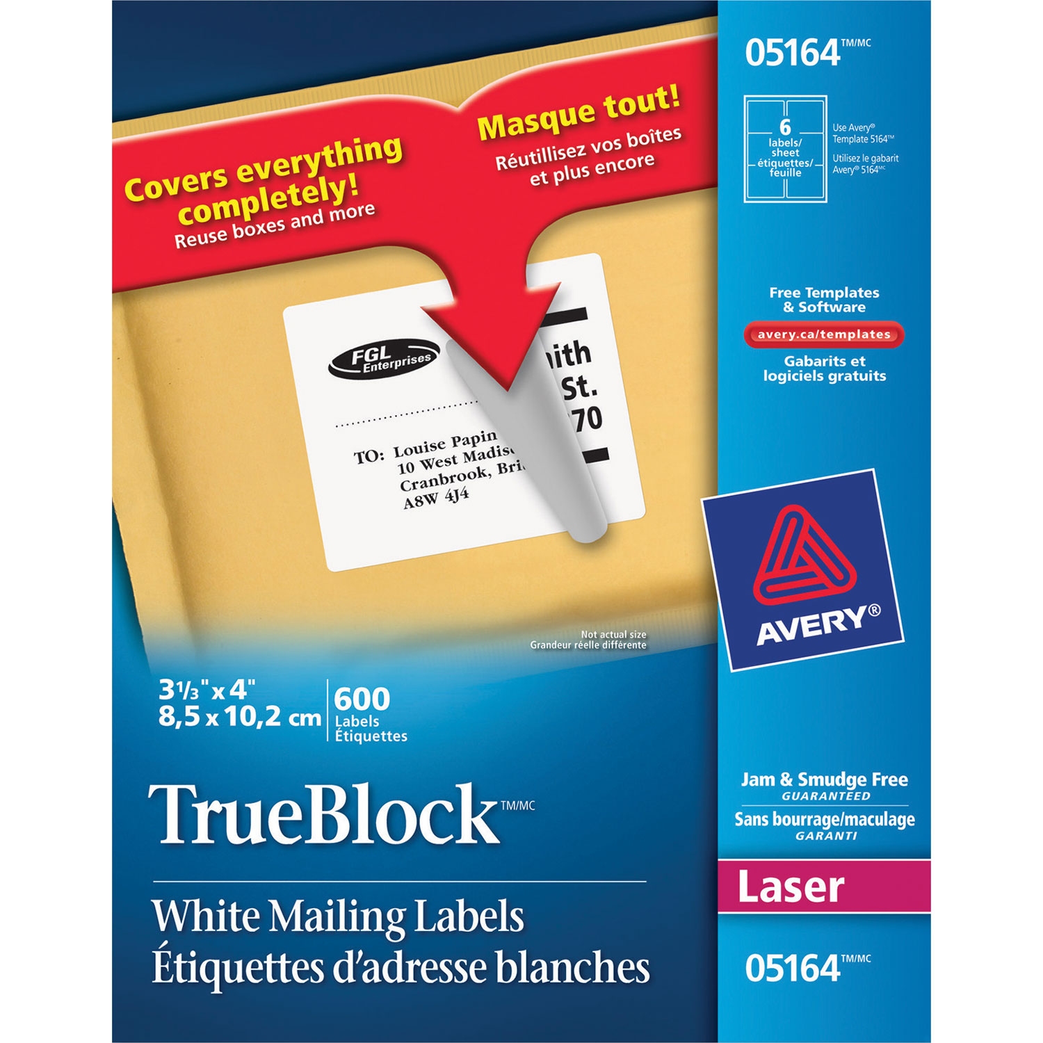 Étiquettes d'adresse TrueBlock 3 1/3 x 4 po d'Avery - Paquet de 600
