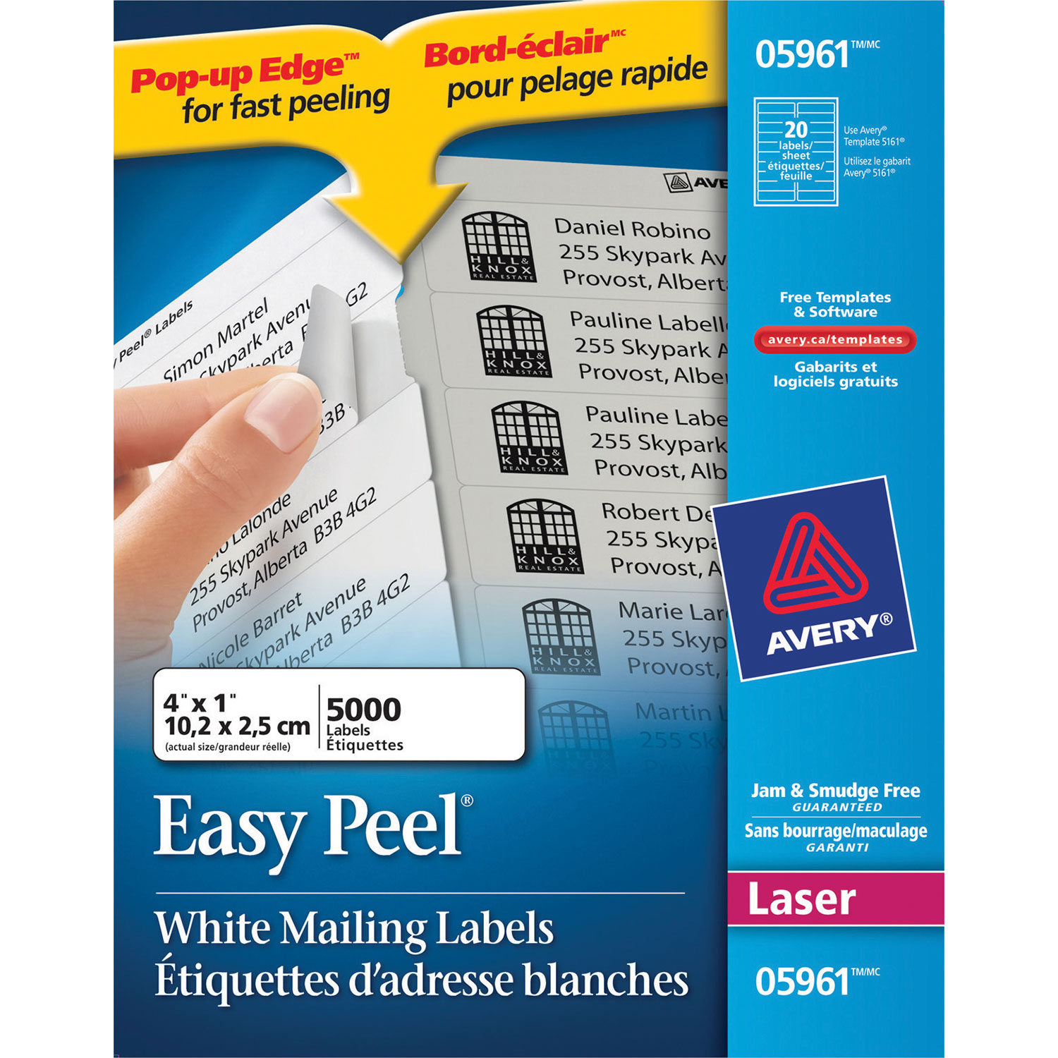 Étiquettes d'adresse Easy Peel 4 x 1 po d'Avery - Paquet de 5000