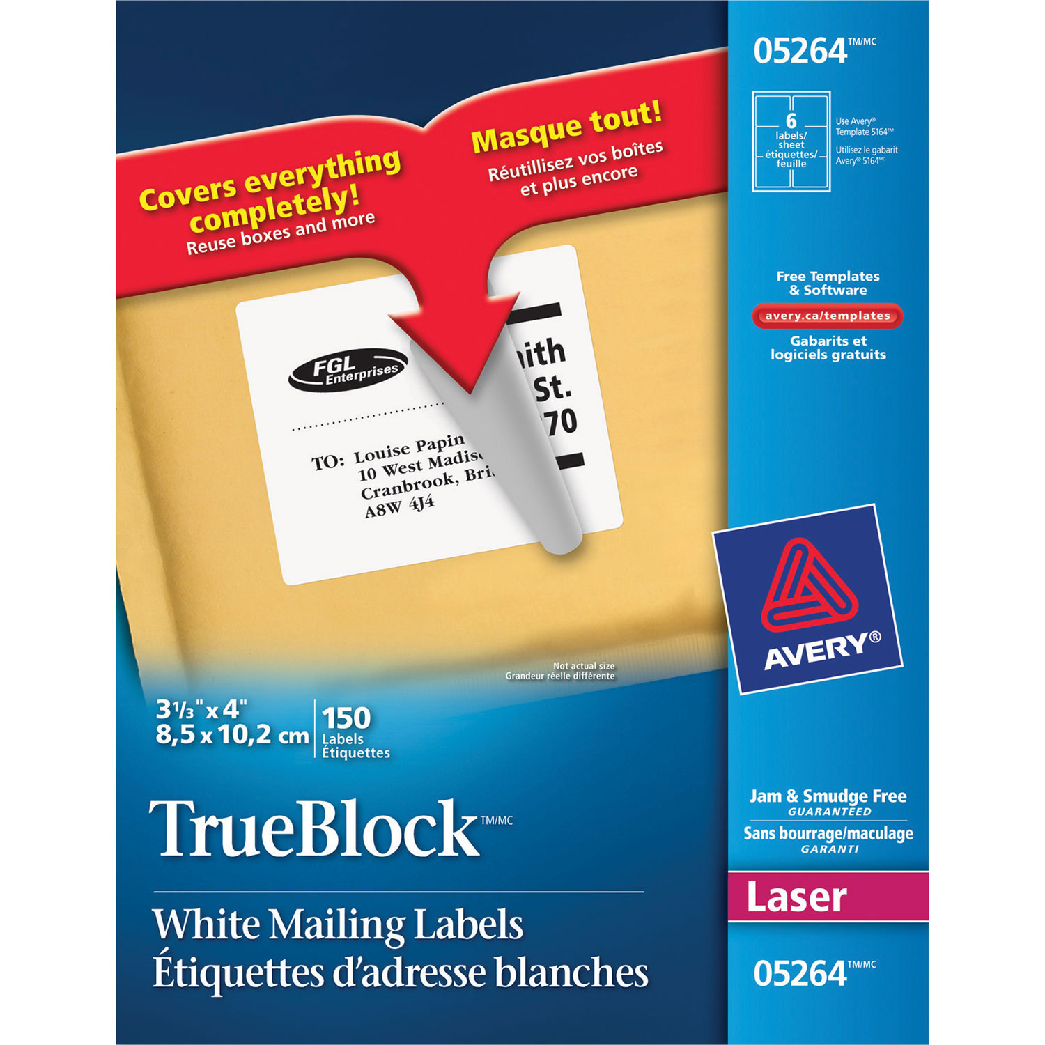 Étiquettes d'adresse TrueBlock 3 1/3 x 4 po d'Avery - Paquet de 150