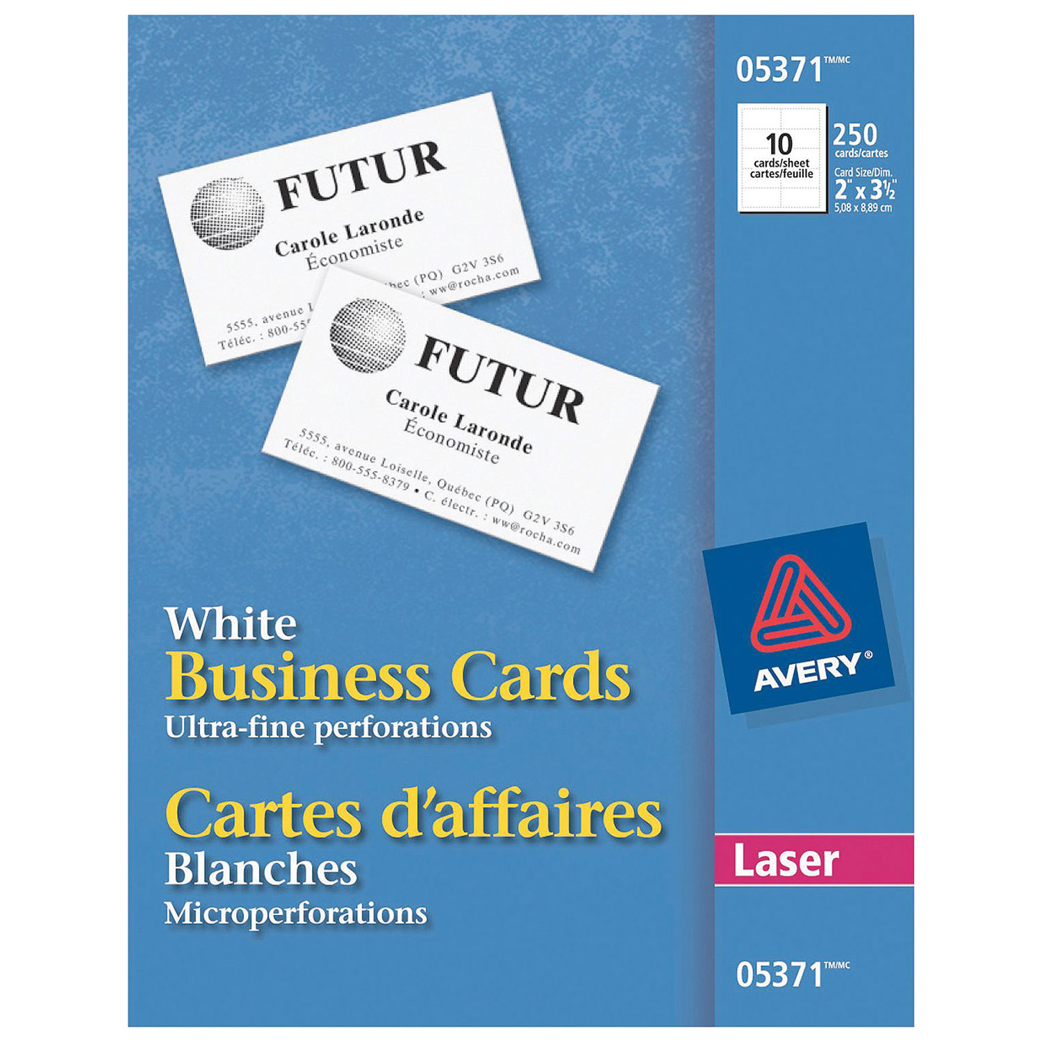 Cartes professionnelles 2 x 3,5 po d'Avery - Paquet de 250 - Blanc