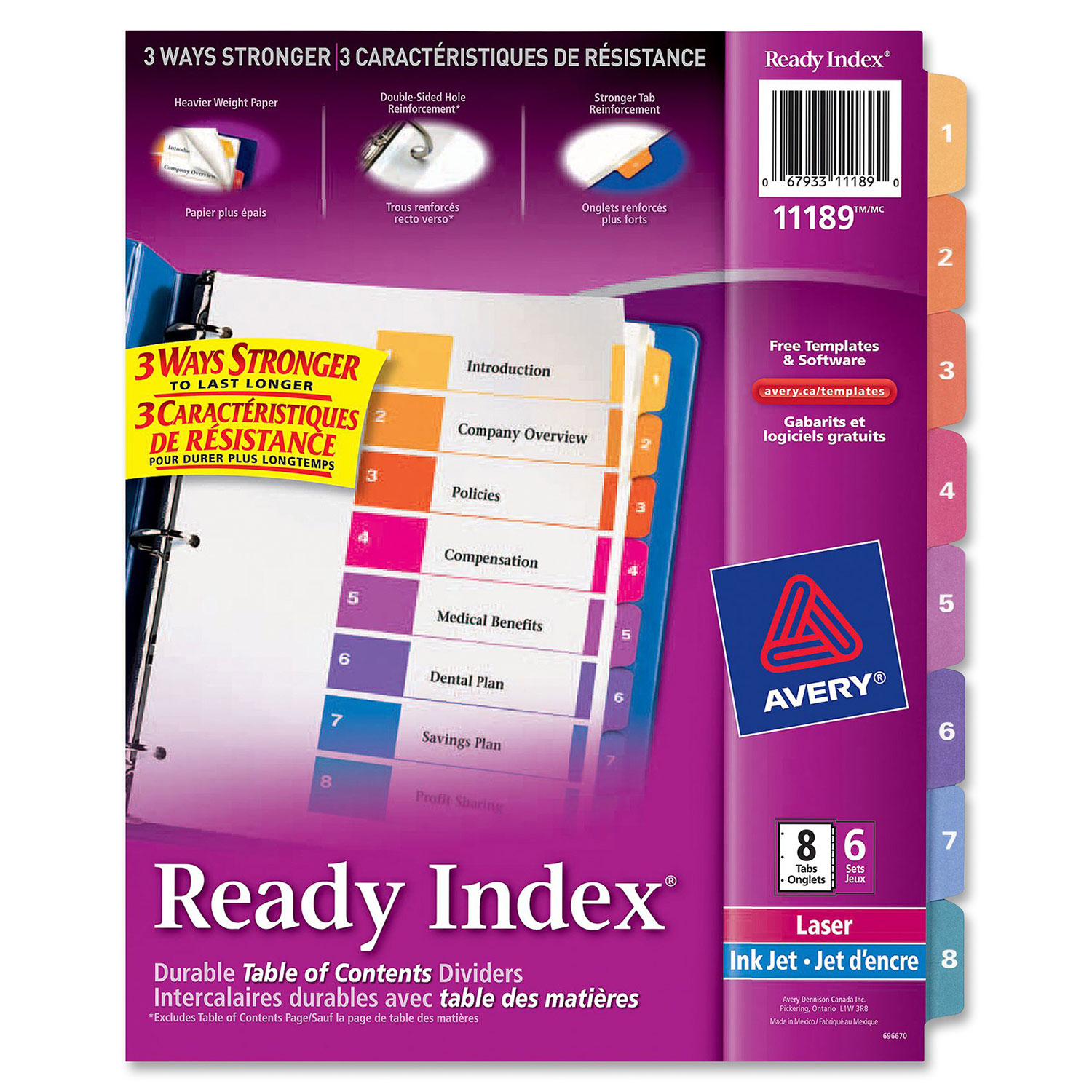 Avery Ready Index Table of Contents 1-8 Dividers (AVE11189) - 8 Tabs - 6 Pack - Assorted Colours