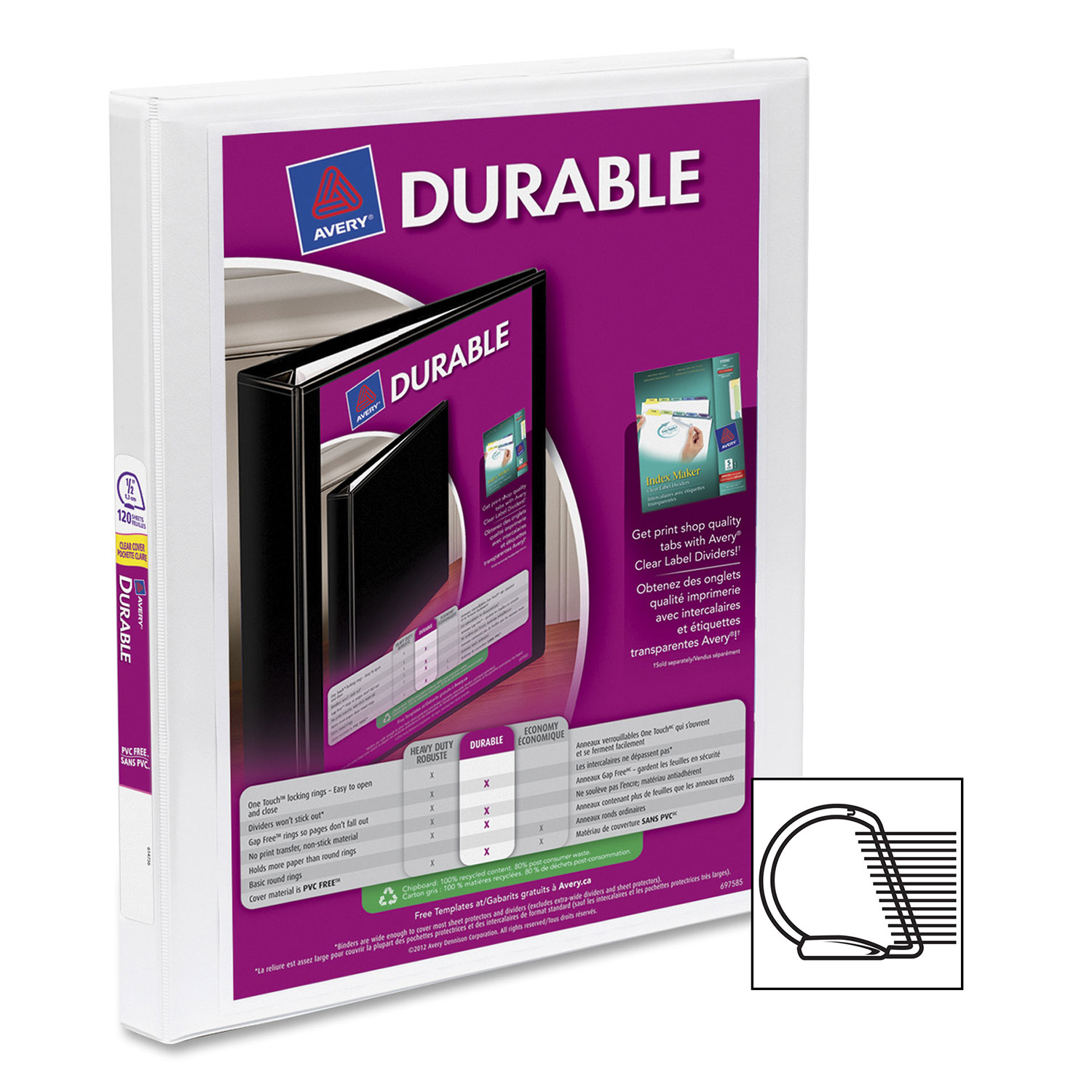 Cartable standard à anneaux en D de 1/2 po d'Avery - Blanc