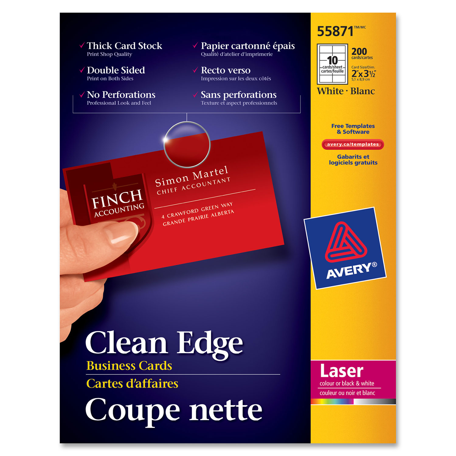 Cartes professionnelles à coupe nette d'Avery - Paquet de 150 - Blanc