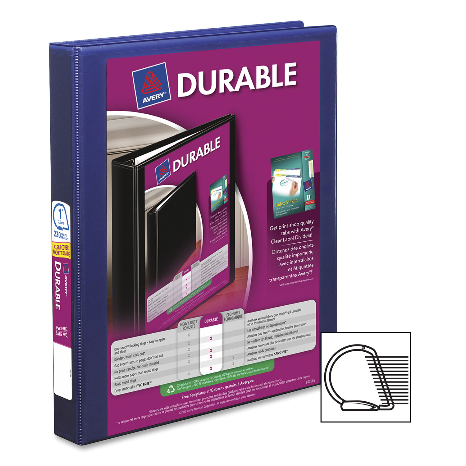 Cartable durable à anneaux en C 1 po d'Avery - Bleu marine