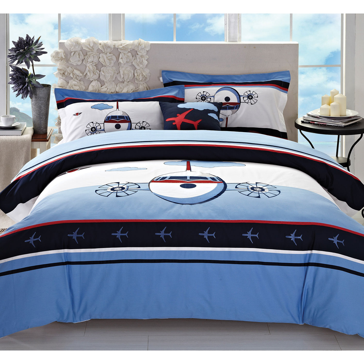 Ensemble housse de douillette en percale de coton cont. 200 coll. 787 de Maholi - Lit double - Bleu