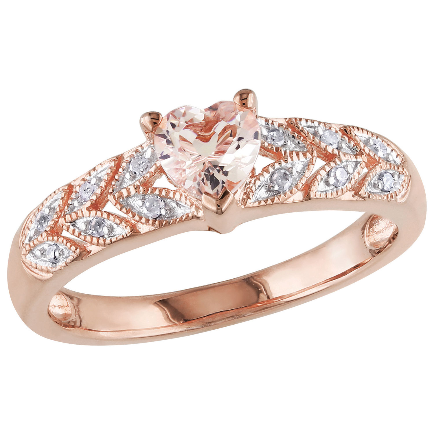 Classic Pink Plated Sterling Silver with Pink Heart Morganite & 0.06ctw White Diamond Ring - Size 8
