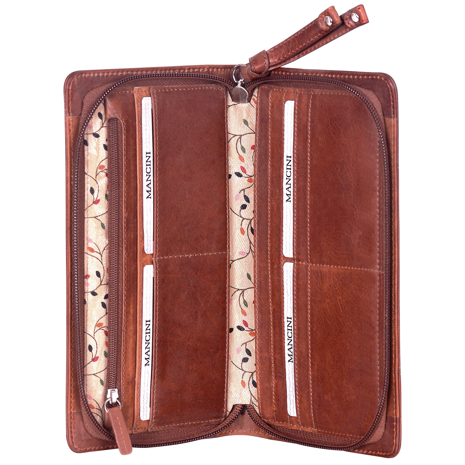 Mancini Casablanca Leather Zipper Clutch Wallet - Cognac