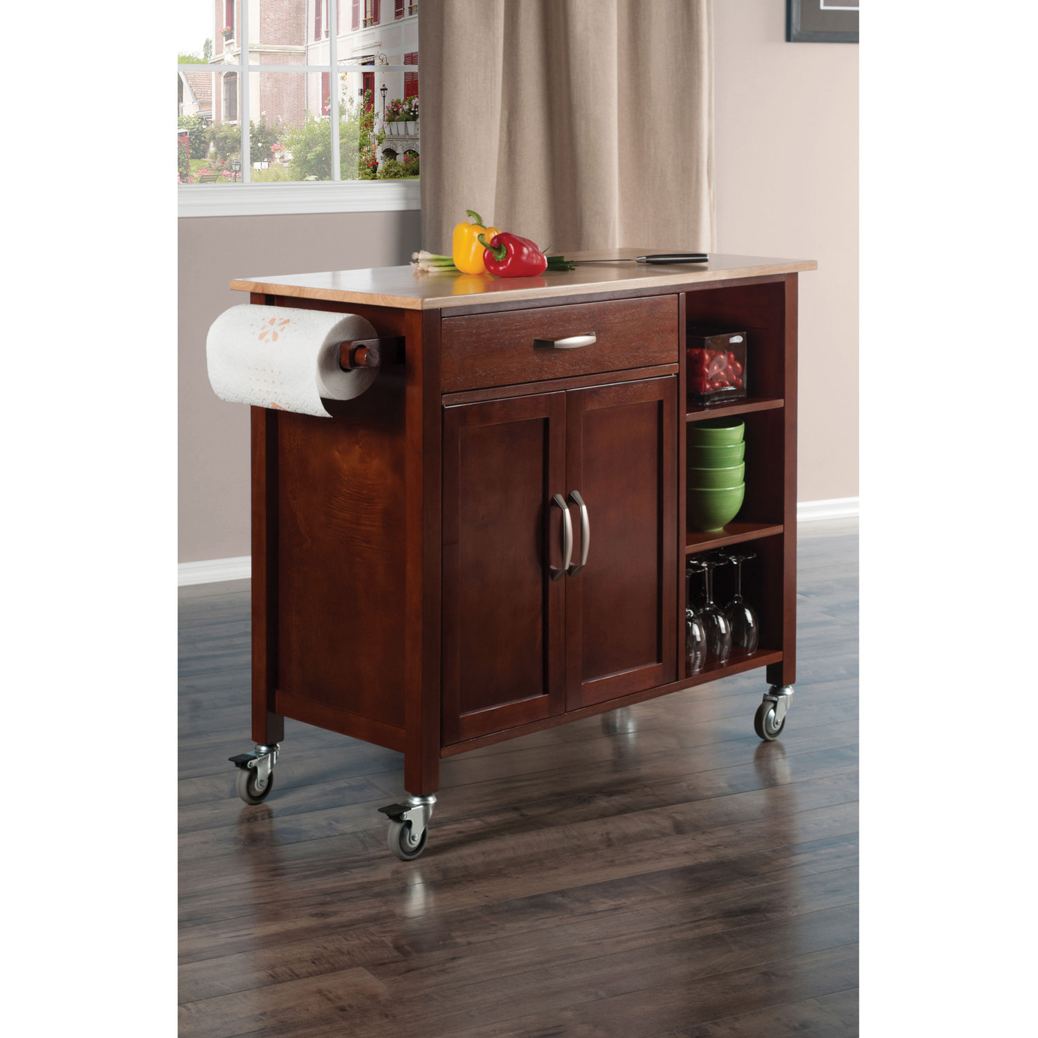 Mabel Transitional Mobile Kitchen Cart Walnut Kitchen Islands