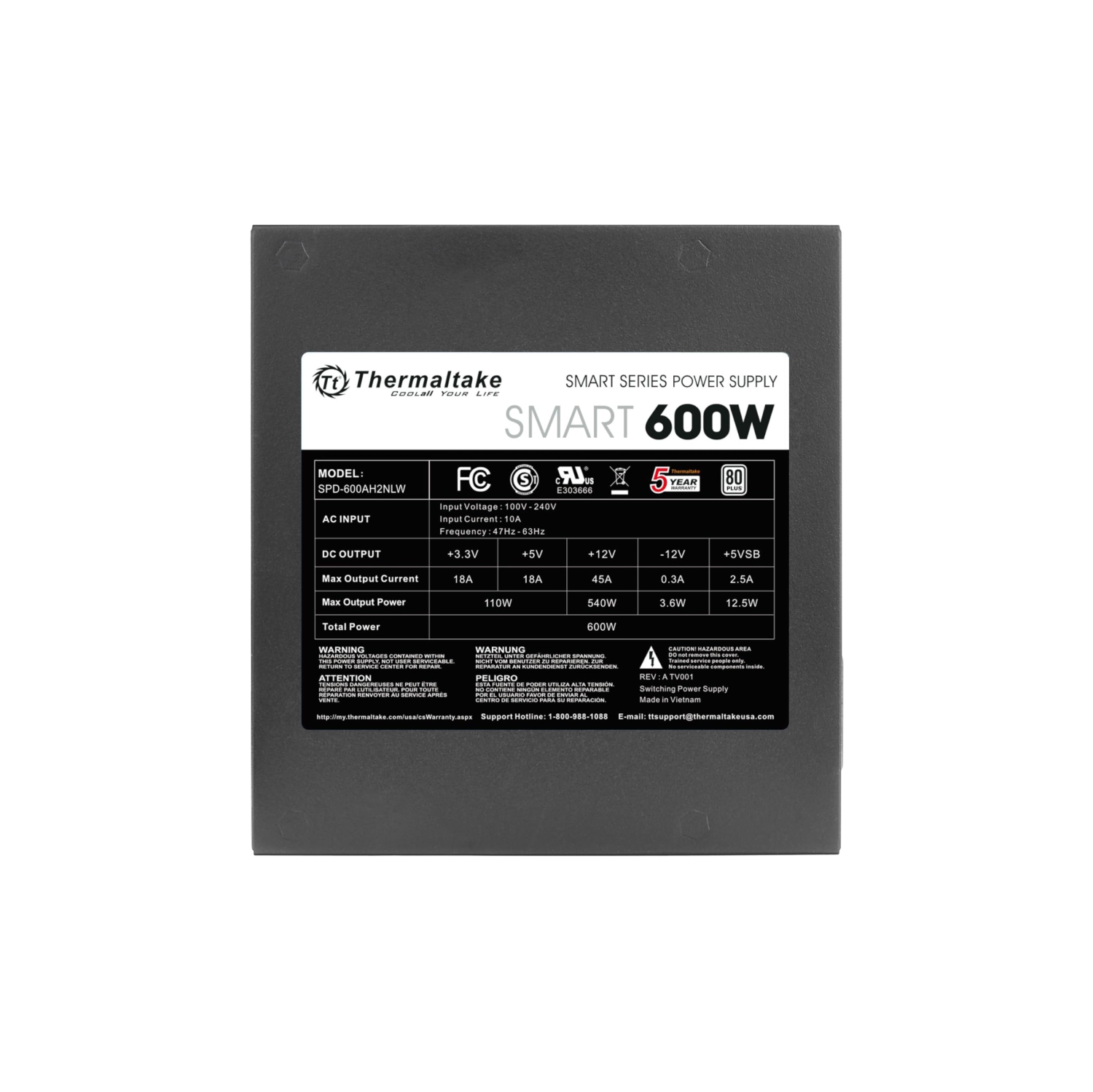 Thermaltake Smart 600W ATX 12V V2.3/EPS 12V 80 Plus Certified Active PFC Power Supply PS-SPD-0600NPCWUS-W