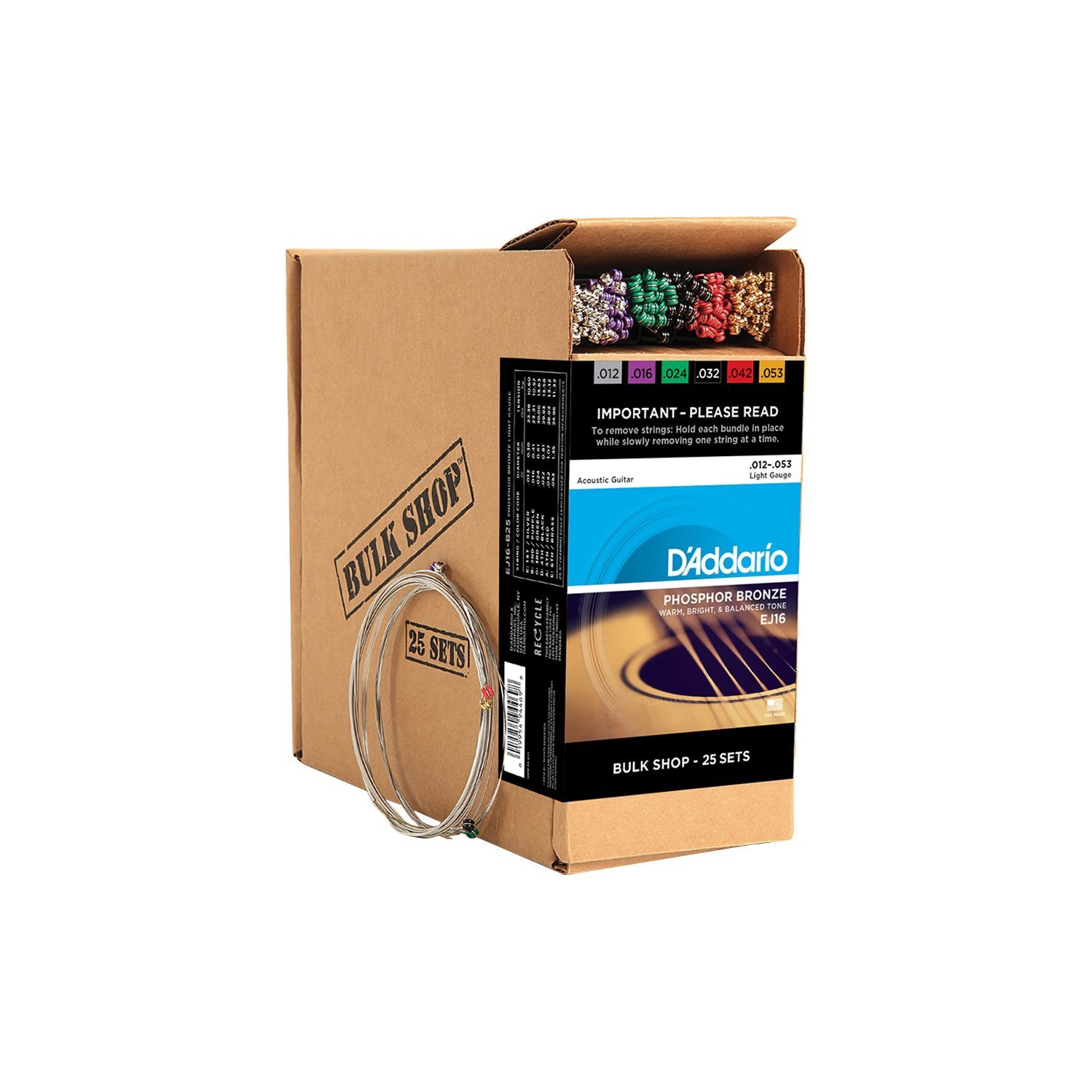D'Addario EJ16 Phosphor Bronze Acoustic Guitars Strings 25 Set Bulk Pack - Light 12-53
