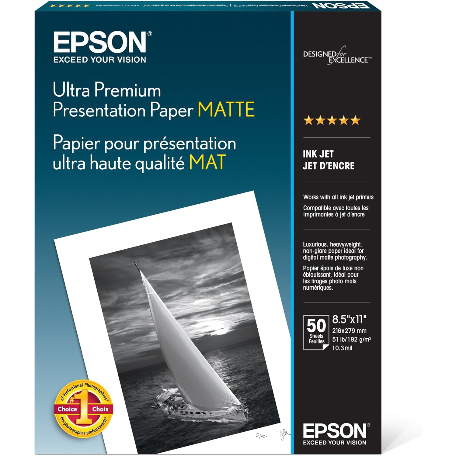 Epson 8.5"x11" Ultra Premium Presentation Matte Paper, 50 Sheets -