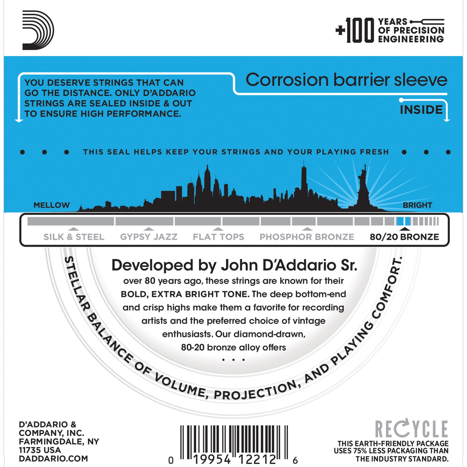 D'Addario EJ11 80/20 Bronze Acoustic Guitars Strings - Light 12-53