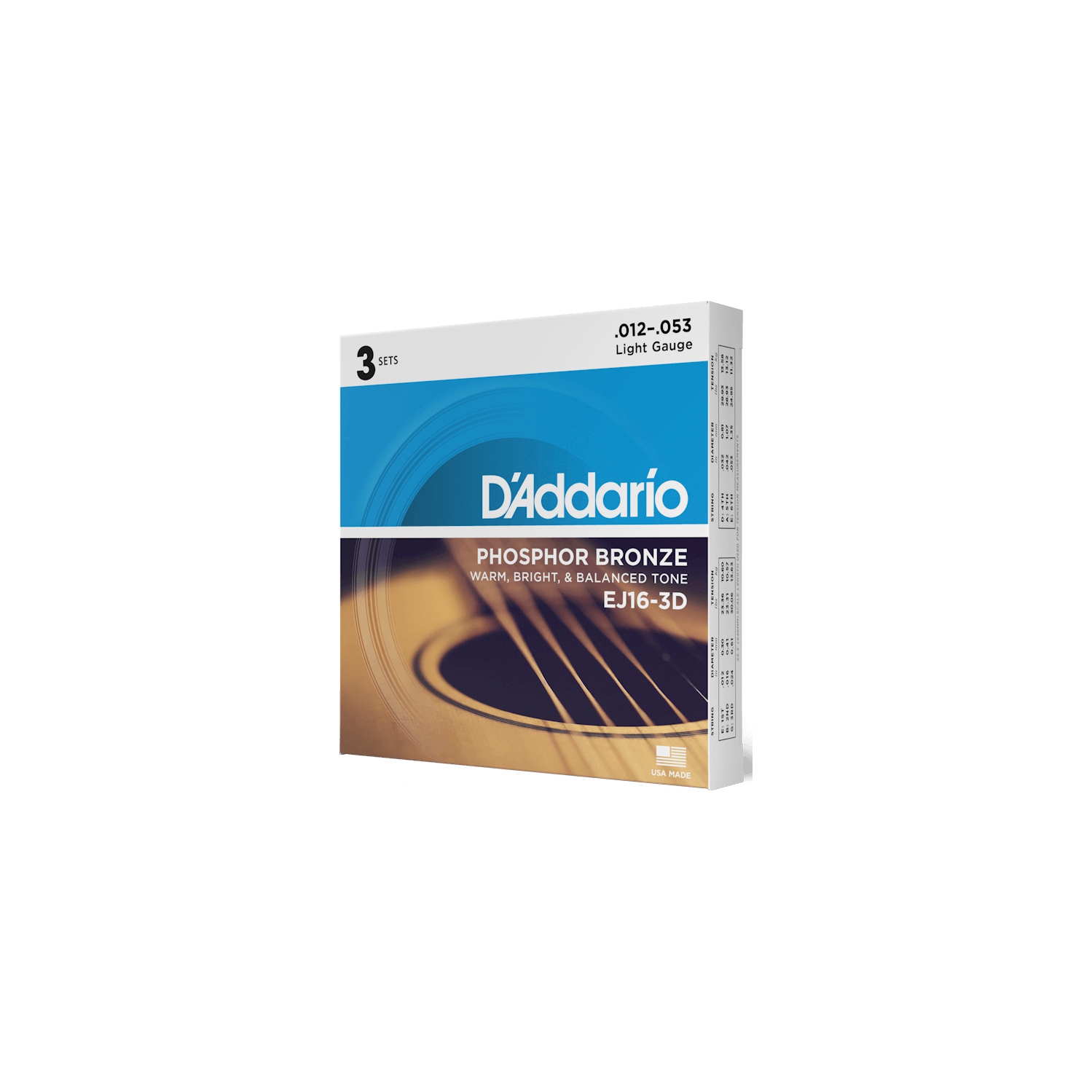 D'Addario EJ16 Phosphor Bronze Acoustic Guitars Strings - Light, 12-53