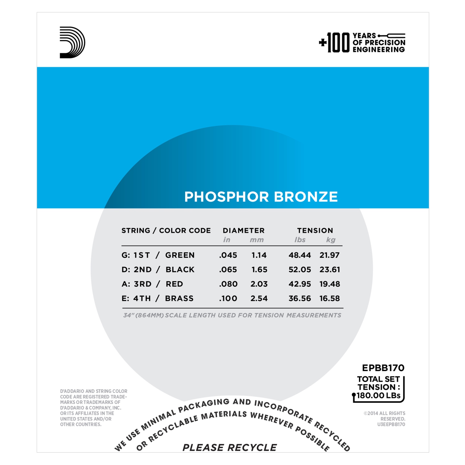 D'Addario EPBB170 Phosphor Bronze Acoustic Bass Guitar Strings - Long 45-100