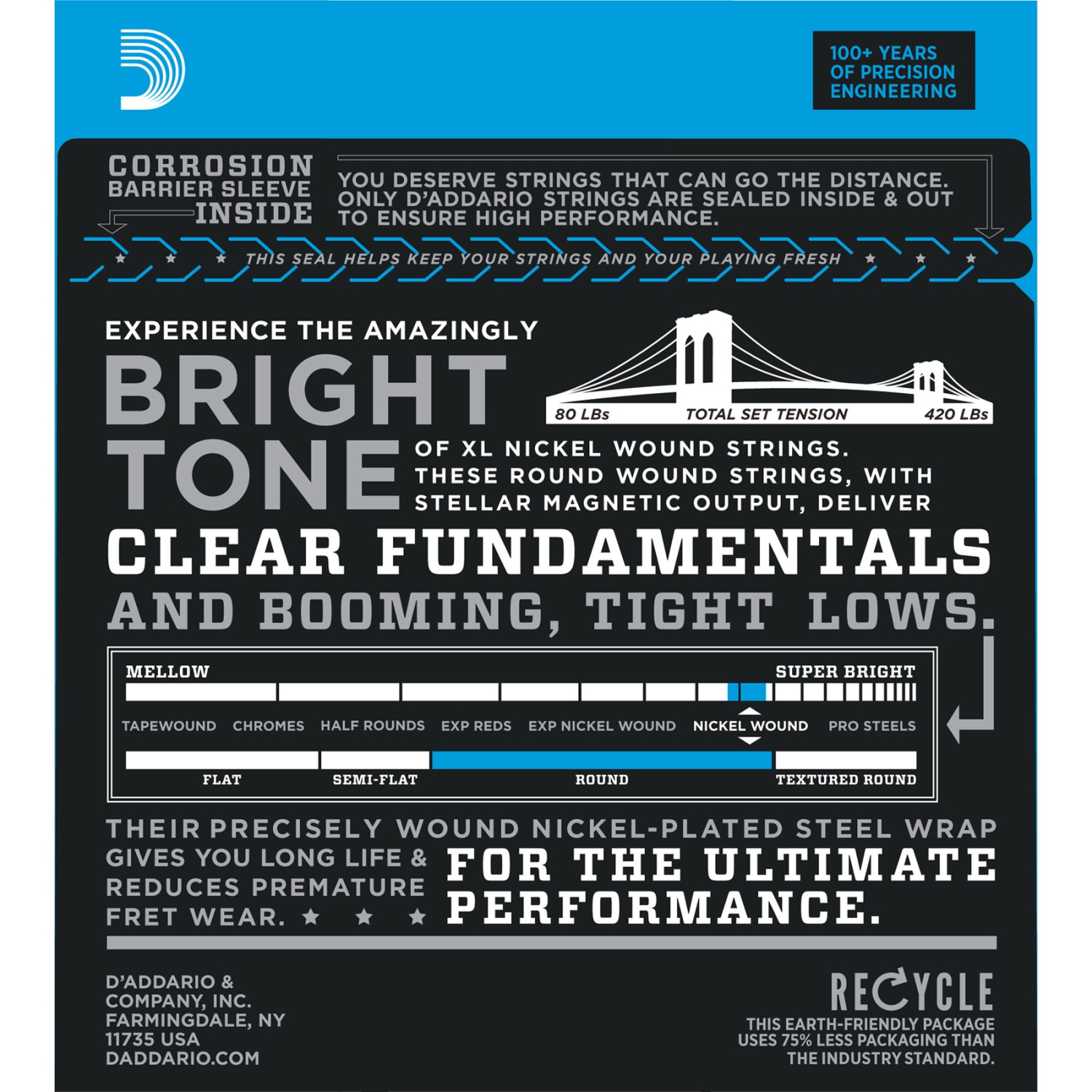 D'Addario XL Nickel Wound Bass Guitar Strings - Long 45-100