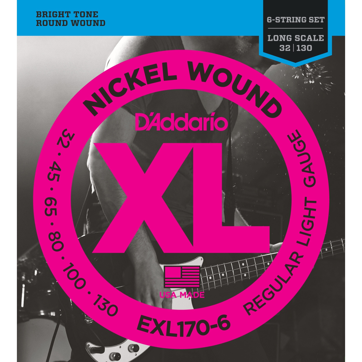 Cordes de guitare basse en nickel à 6 cordes EXL170-6 d'Addario - léger à échelle longue 32-130