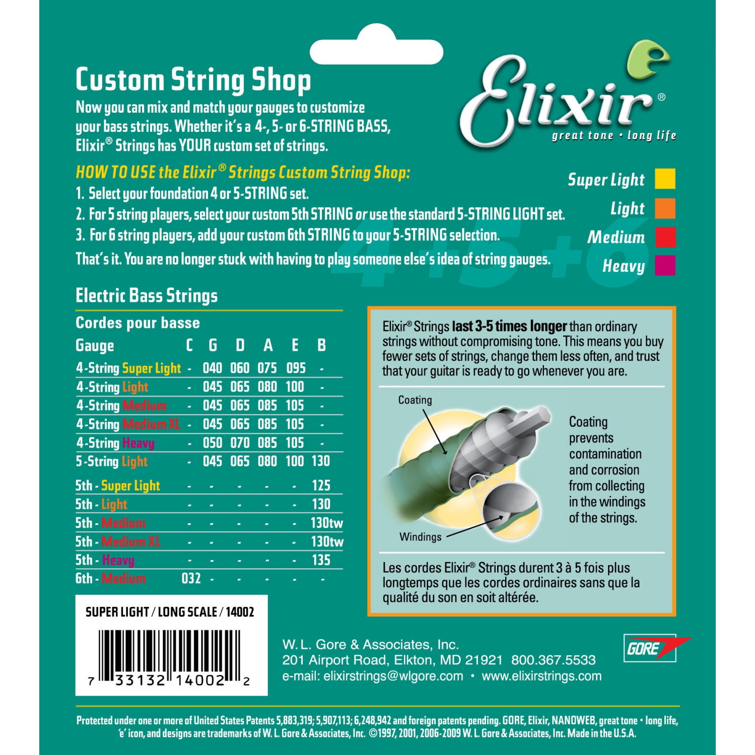 Elixir Nickel Plaqué Acier Cordes de Guitare Basse avec Revêtement Nanoweb - Super Light 40-95, Longue Échelle