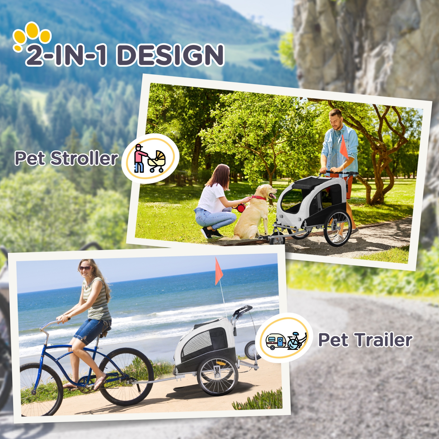 Aosom – remorque de vélo pour chiens 2-en-1 chariot de poussette pour animaux de compagnie porte-vélos pour le transport avec suspension, attelage,