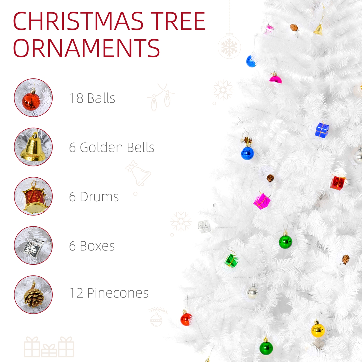 HOMCOM 6ft Artificial Christmas Tree, Home Indoor Xmas Holidays Décor with Ornament, White