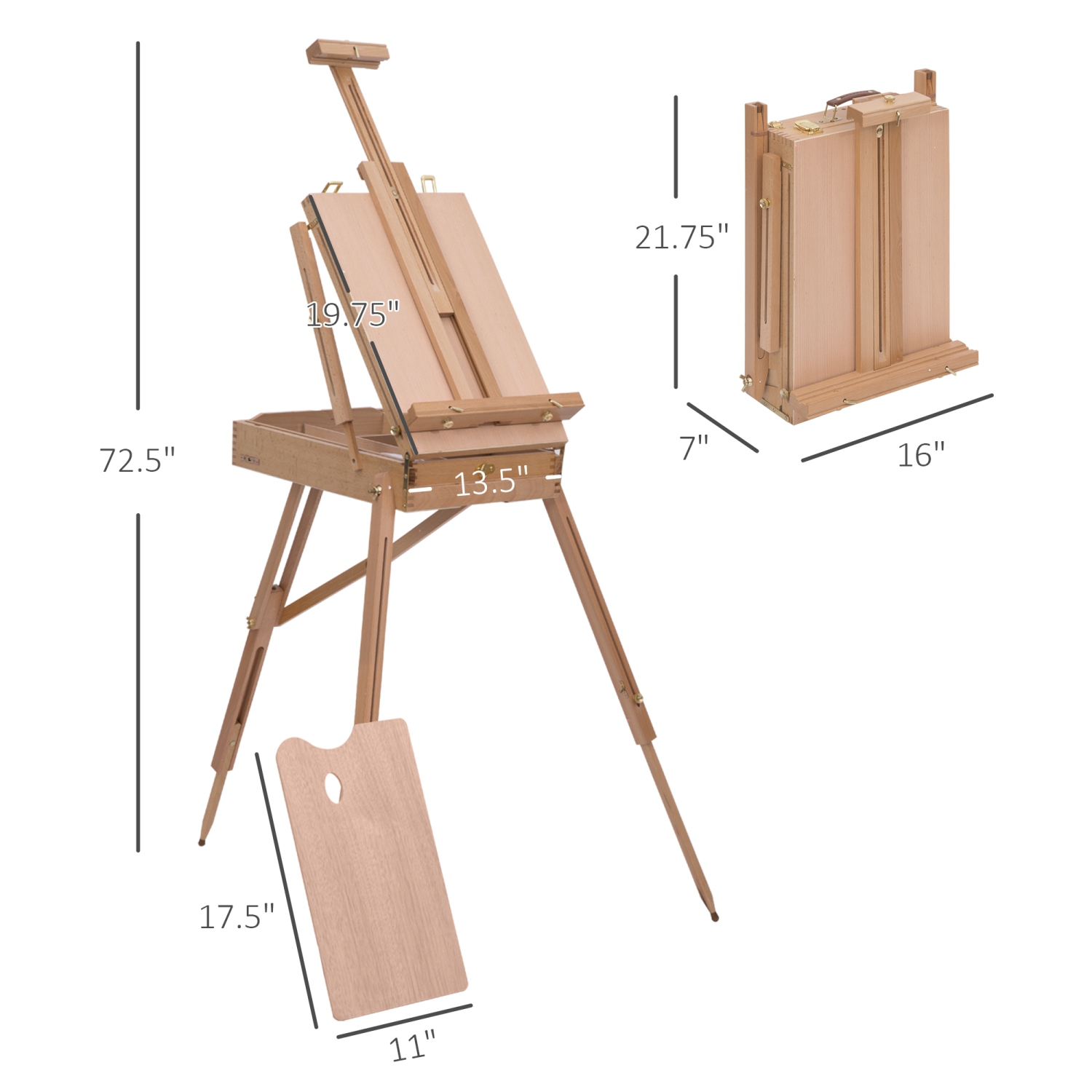 Chevalet pliable de 72.4 po de HOMCOM, boîte à croquis portative, chevalet en bois de style français avec tiroir, palette, bandoulière, maintenir la
