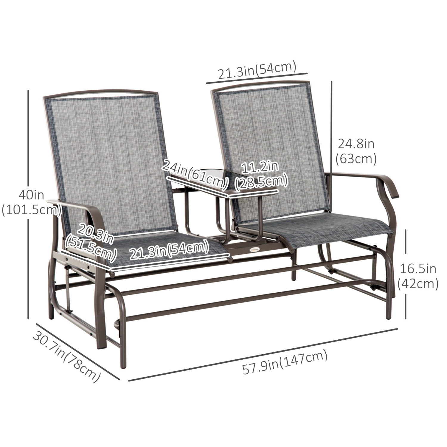 Outsunny Outdoor Glider Bench with Table, Patio Loveseat for 2 Persons, Garden Glider Rocking Chair with Breathable Mesh Fabric, Grey