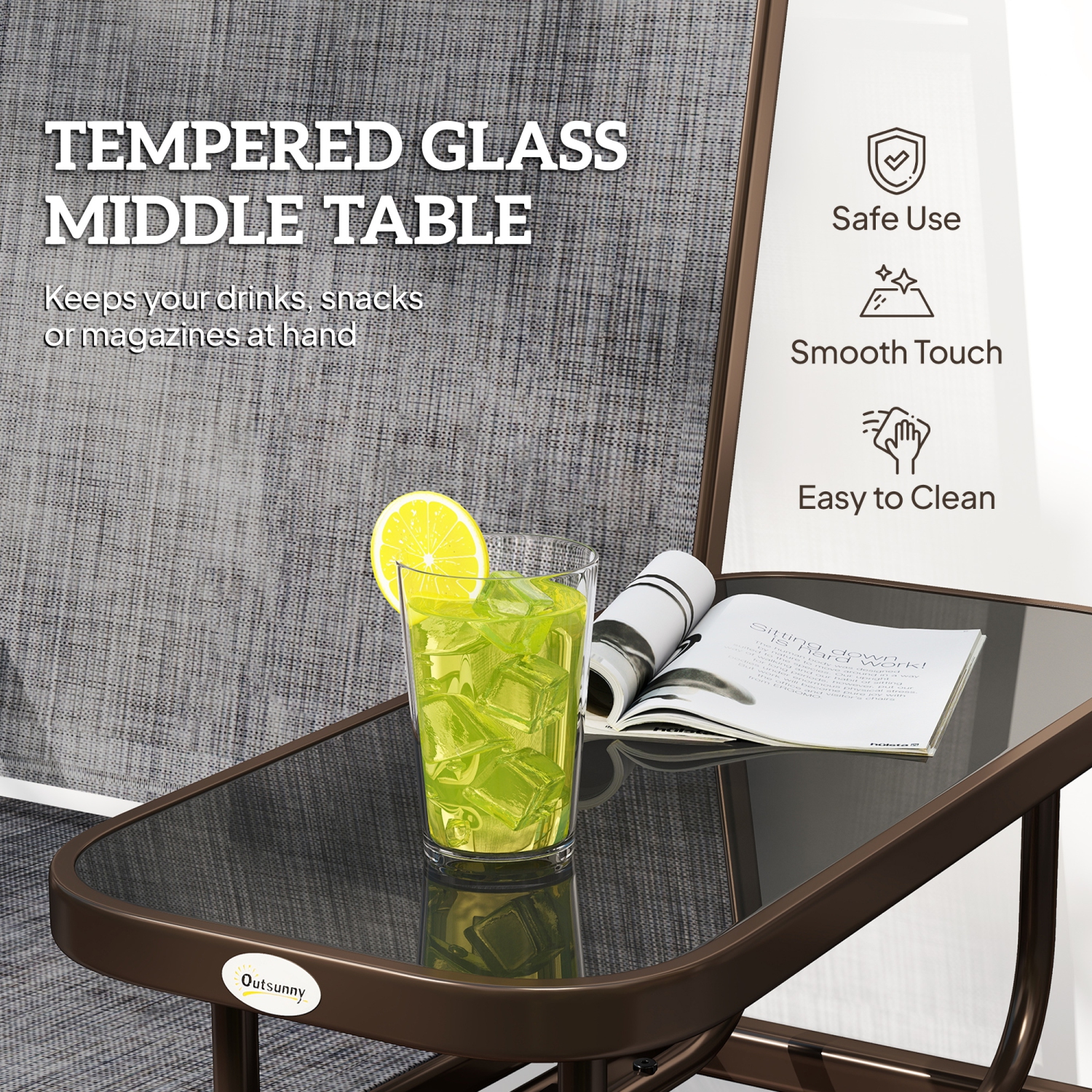 Outsunny Outdoor Glider Bench with Table, Patio Loveseat for 2 Persons, Garden Glider Rocking Chair with Breathable Mesh Fabric, Grey