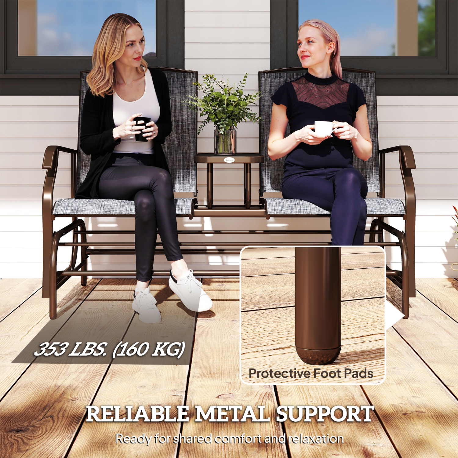 Outsunny Outdoor Glider Bench with Table, Patio Loveseat for 2 Persons, Garden Glider Rocking Chair with Breathable Mesh Fabric, Grey