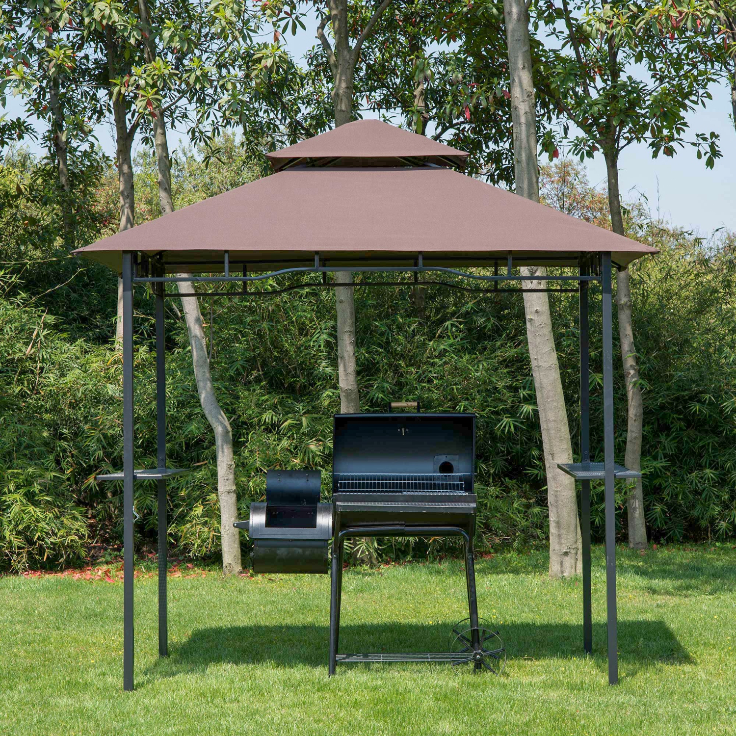 Outsunny 8' x 5' BBQ Grill Gazebo Tent with Double Tiered Canopy for Outdoor Sun Shade, Coffee
