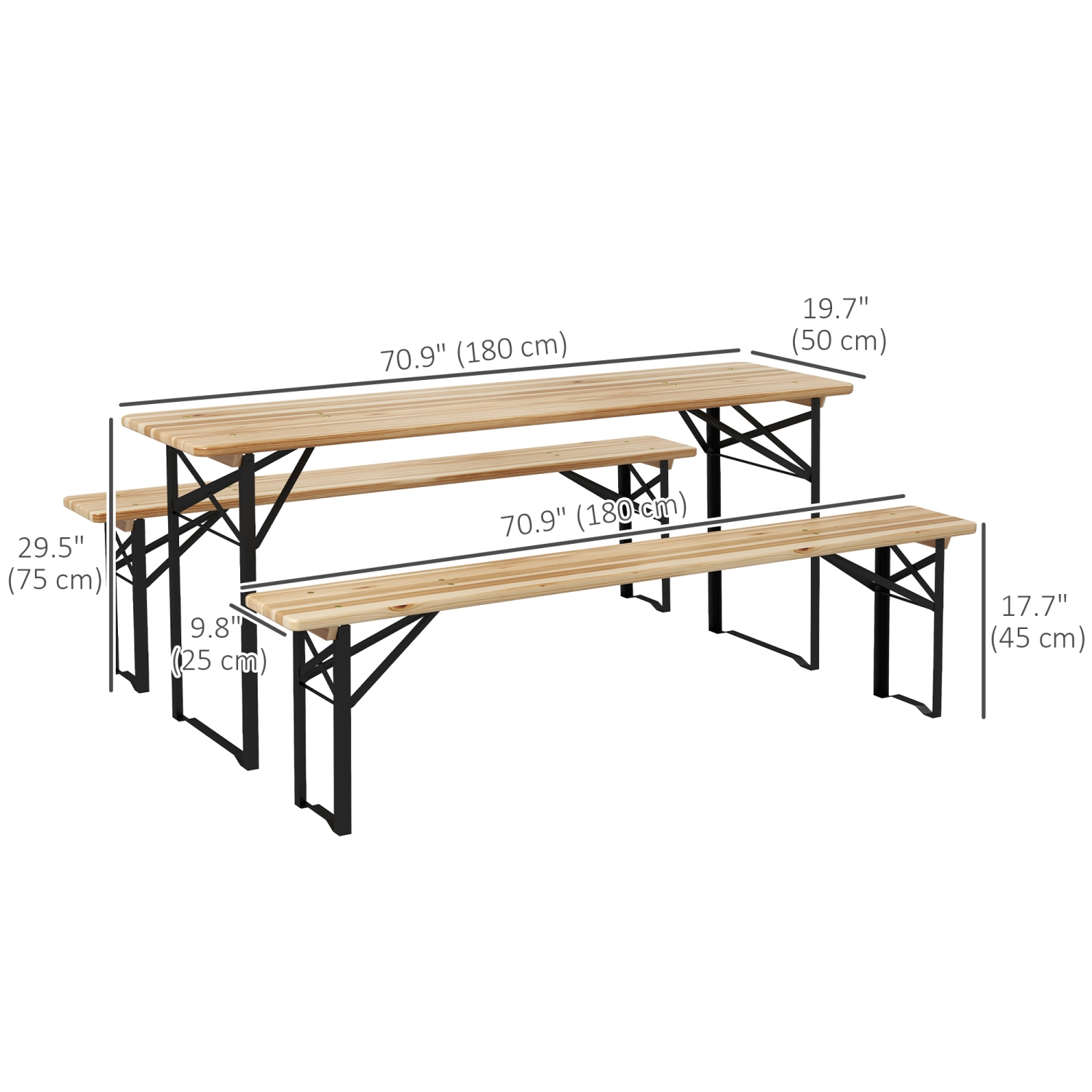 Outsunny 3 Pieces Folding Picnic Table Set, Portable Folding Picnic Table and Benches with Steel Frame for Garden, Park, Natural Wood