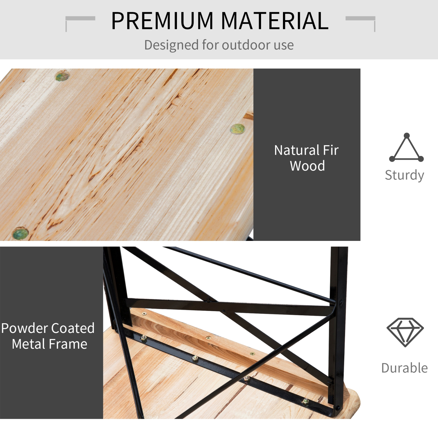 Outsunny 3 Pieces Folding Picnic Table Set, Portable Folding Picnic Table and Benches with Steel Frame for Garden, Park, Natural Wood