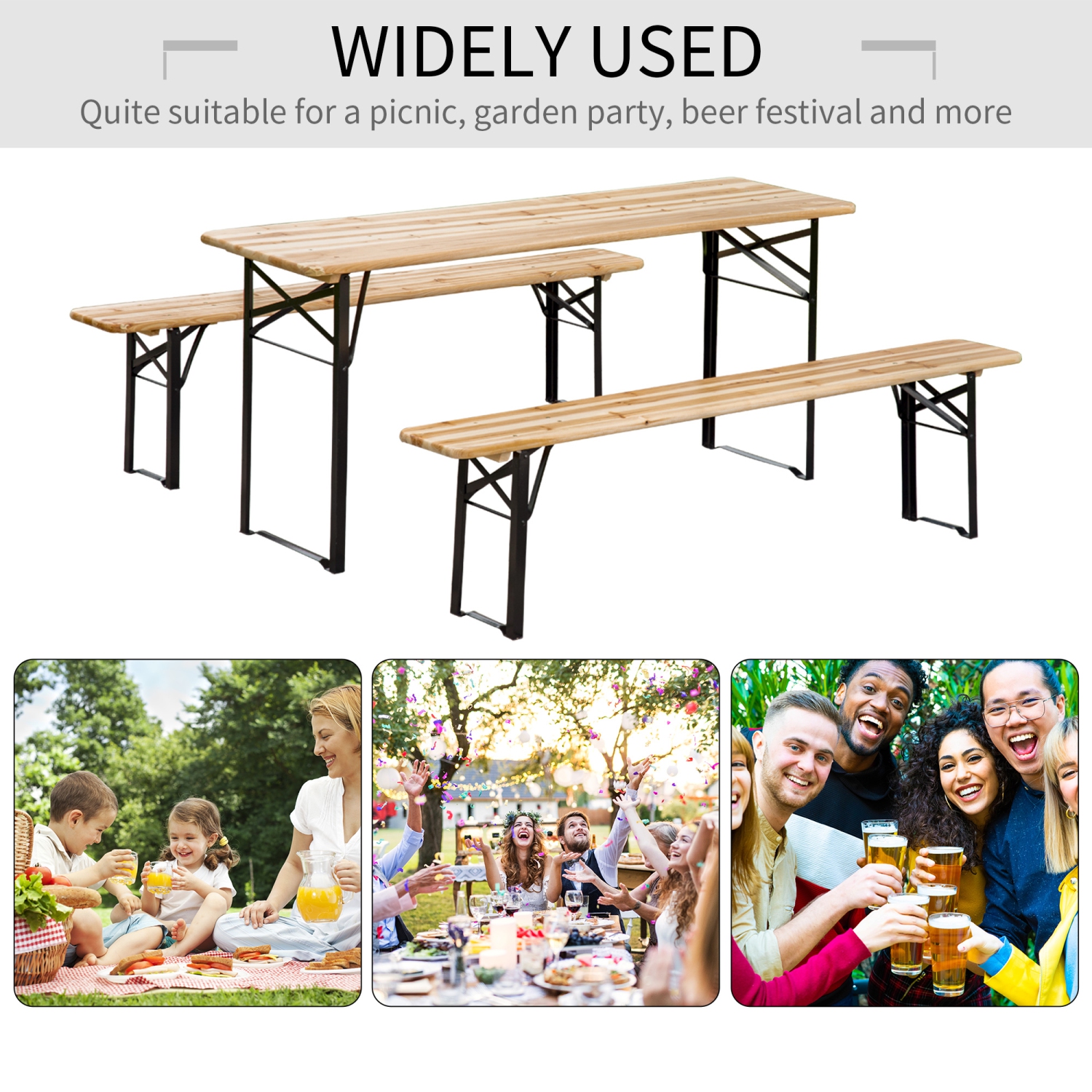 Outsunny 3 Pieces Folding Picnic Table Set, Portable Folding Picnic Table and Benches with Steel Frame for Garden, Park, Natural Wood