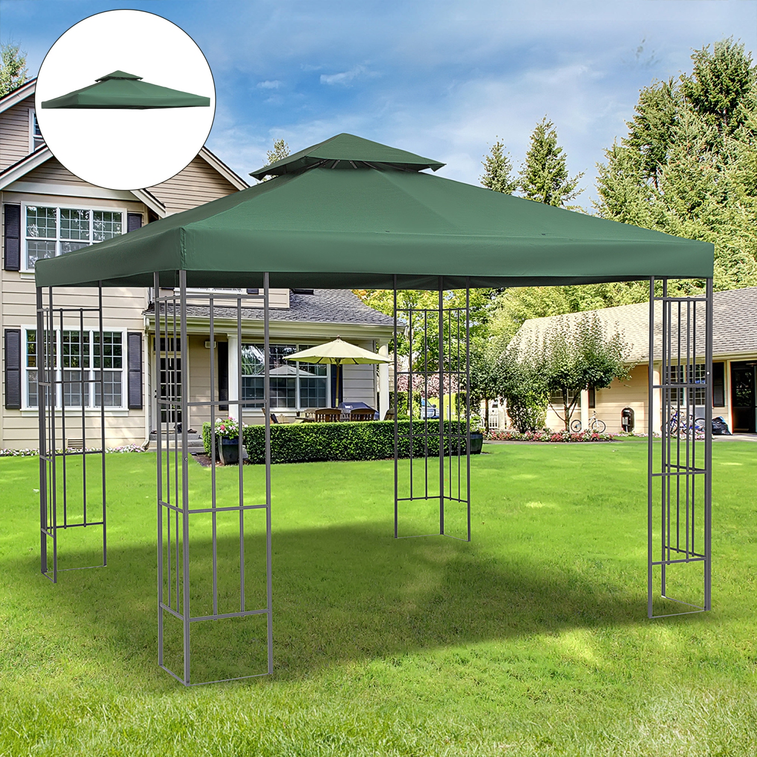 Outsunny 9.84' x 9.84' Square 2-Tier Gazebo Canopy Replacement Top Cover Outdoor Garden Sun Shade, Green