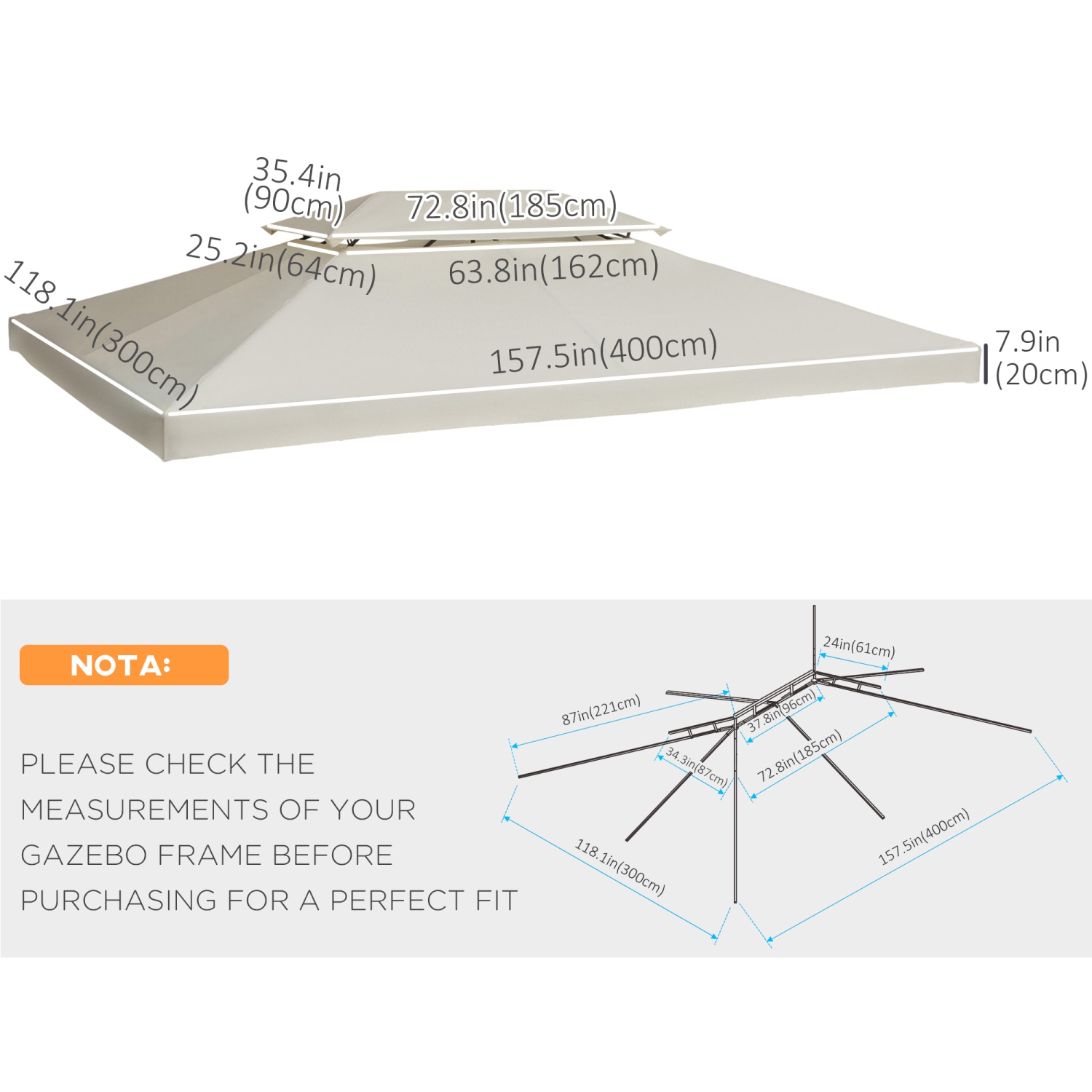 Toit de rechange pour abri de jardin Outsunny à 2 niveaux UV, toit de jardin, extérieur, blanc crème, 13.1 pi x 9.8 pi