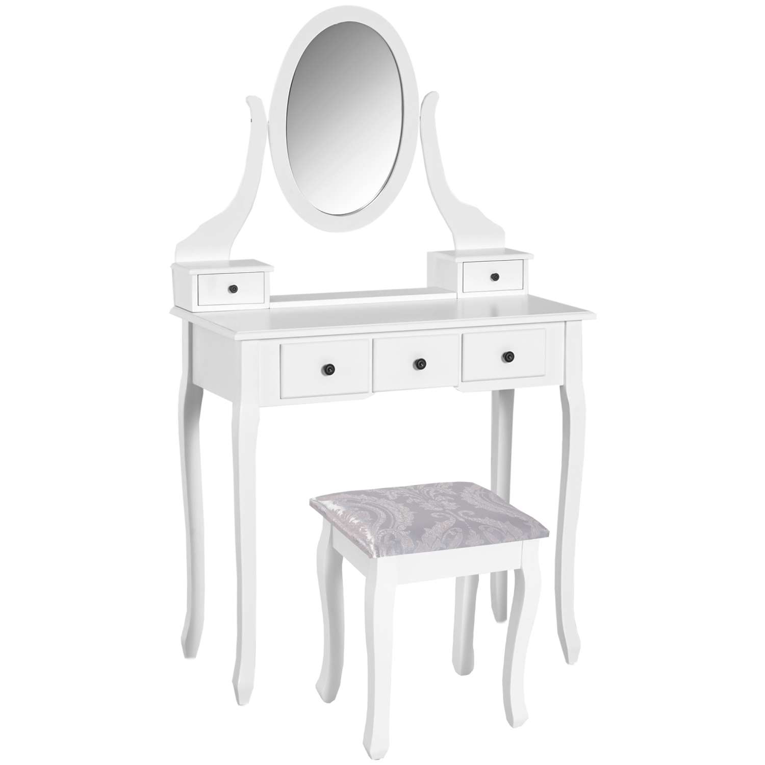 HOMCOM Vanity Desk with Stool, Makeup Vanity with 360° Rotating Oval Mirror, 5 Drawers and Padded Seat, Dressing Table for Bedroom, White
