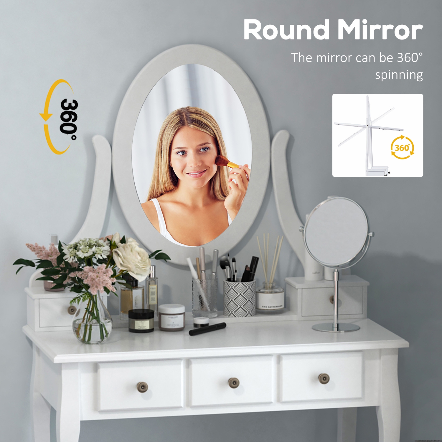 HOMCOM Vanity Desk with Stool, Makeup Vanity with 360° Rotating Oval Mirror, 5 Drawers and Padded Seat, Dressing Table for Bedroom, White