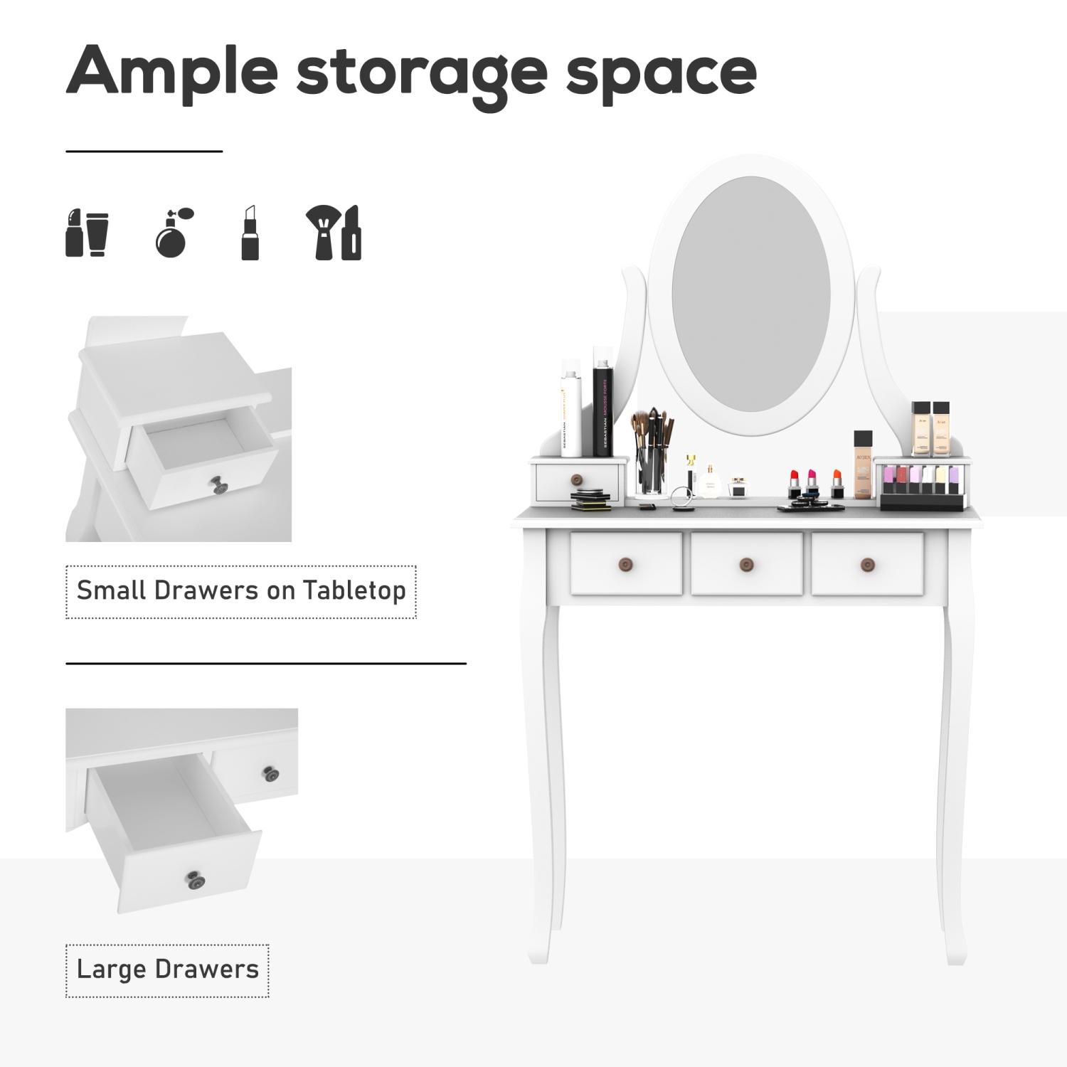 HOMCOM Vanity Desk with Stool, Makeup Vanity with 360° Rotating Oval Mirror, 5 Drawers and Padded Seat, Dressing Table for Bedroom, White